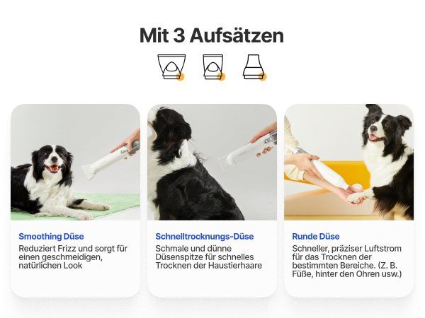 Drei Bilder zeigen einen Hund, der mit einem Haartrockner getrocknet wird. Jedes Bild zeigt eine andere Düse. Text auf Deutsch beschreibt jede Düse.
