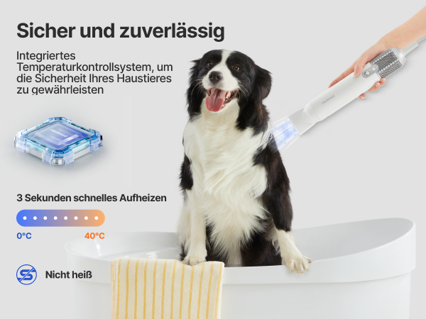 Ein schwarz-weißer Hund sitzt in einer weißen Wanne und wird mit einem weißen Fön getrocknet. Text und ein Bild eines blauen Geräts werden gezeigt.