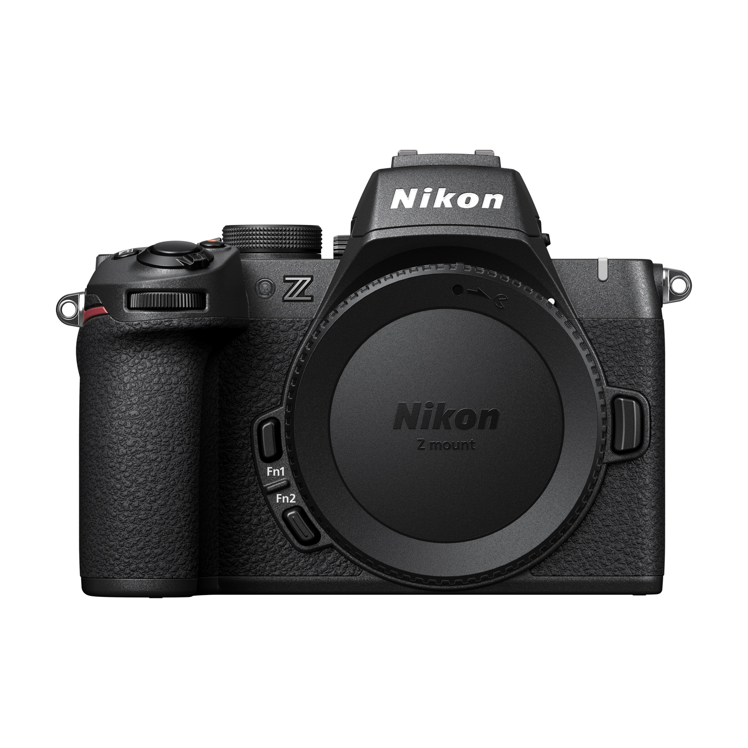 Una fotocamera nera Nikon serie Z. Il tappo dell'obiettivo è inserito. Il logo Nikon compare sul corpo. Pulsanti e quadranti visibili.