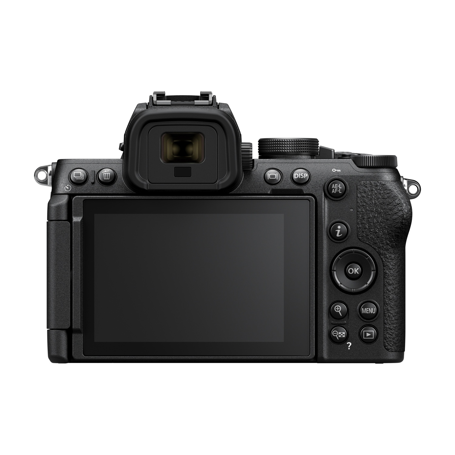 Retrocamera nera, con schermo LCD, pulsanti e mirino. I controlli includono DISP, OK e MENU. Isolato su sfondo bianco.