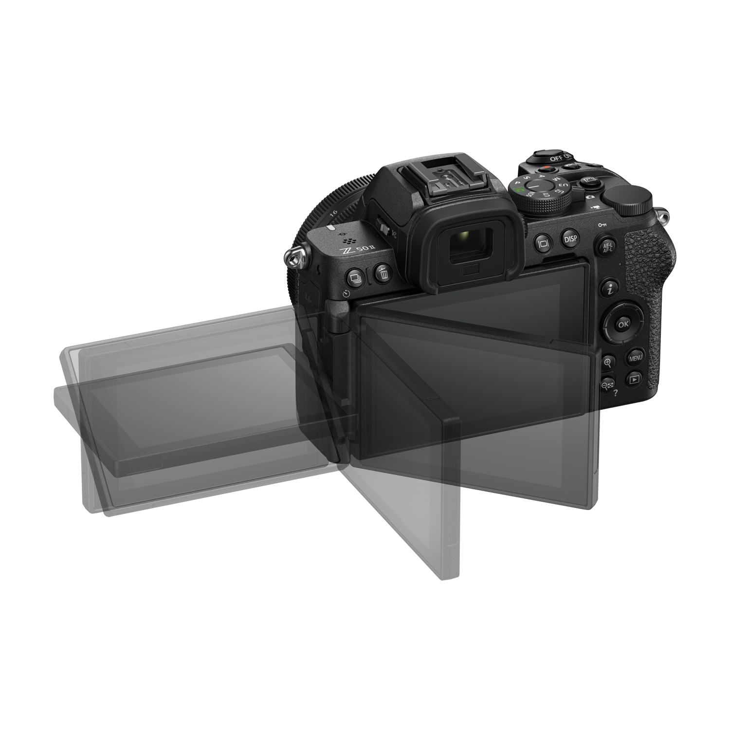 Fotocamera digitale nera con schermo ribaltabile su sfondo bianco. Lo schermo è aperto, rivelando il retro della fotocamera.