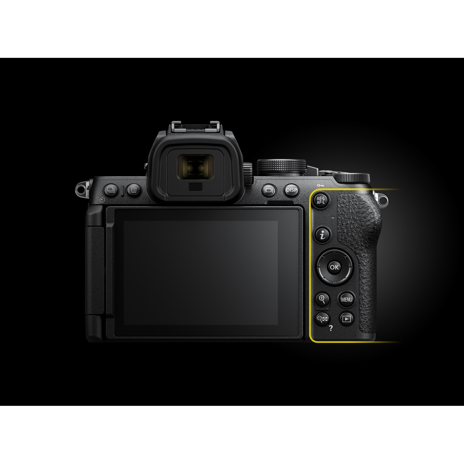 Retrocamera nera con pulsanti, schermo e mirino. I pulsanti includono menu, informazioni e zoom. Lo sfondo è nero.
