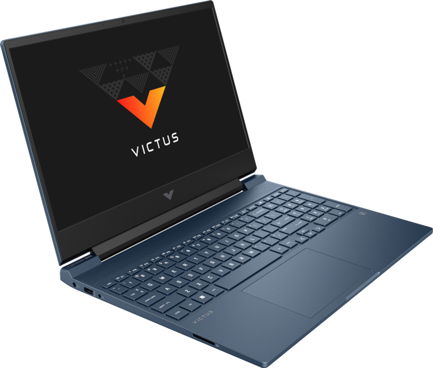 Laptop azul con pantalla abierta mostrando un logo. Teclado y panel táctil visibles. El logo dice VICTUS.