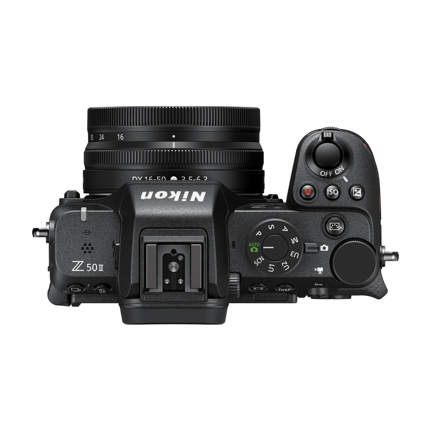 Vista dall'alto di una fotocamera Nikon Z 50 II nera con obiettivo. Pulsanti e ghiere visibili sul corpo.