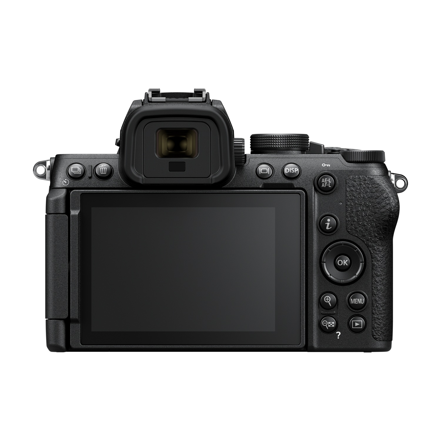 Una fotocamera digitale nera con un ampio schermo LCD e vari pulsanti. La fotocamera è su sfondo bianco.