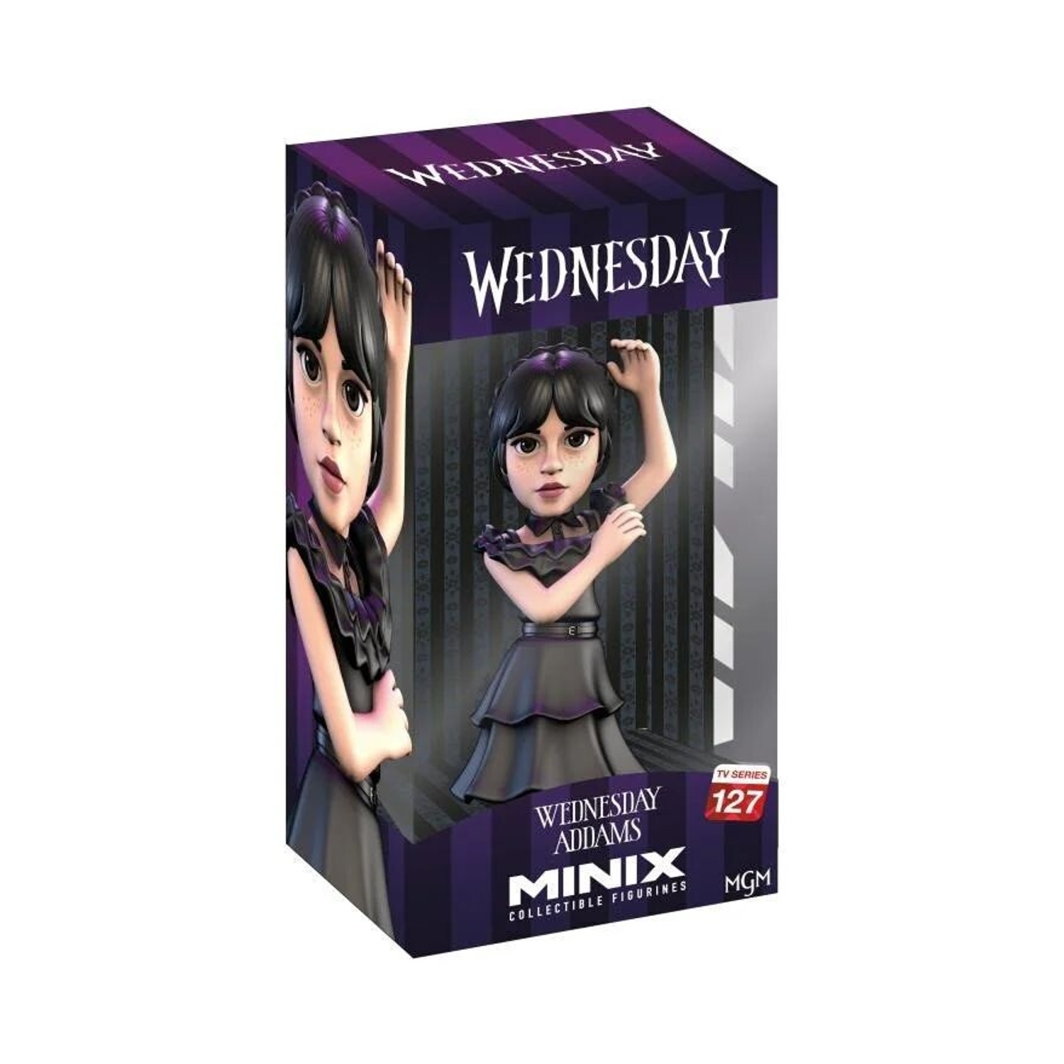 Una statuetta Minix di Mercoledì Addams in una scatola. La figura indossa un vestito nero e la scatola ha il logo dello show e un'etichetta '127'.