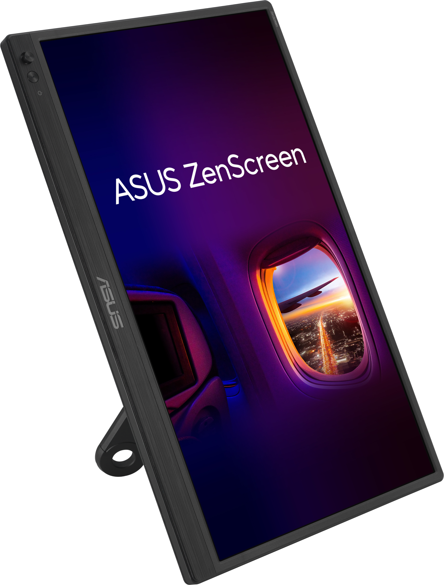 Il monitor ASUS ZenScreen mostra la vista da un finestrino di un aereo su una città al tramonto. Il monitor è nero e angolato.