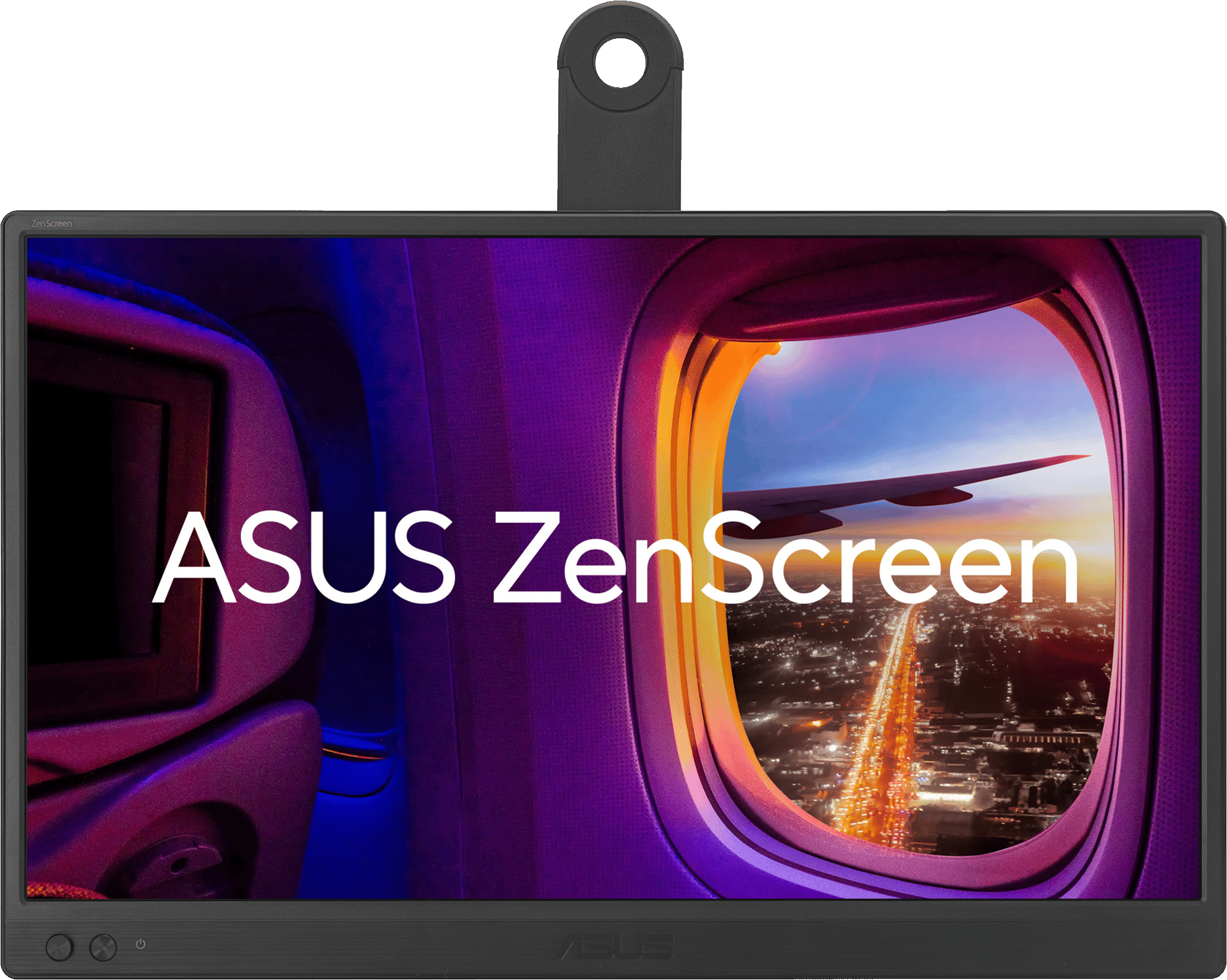 Monitor ASUS ZenScreen con vista sulle luci della città da un finestrino dell'aereo. Il monitor è nero, con sfondo grigio.