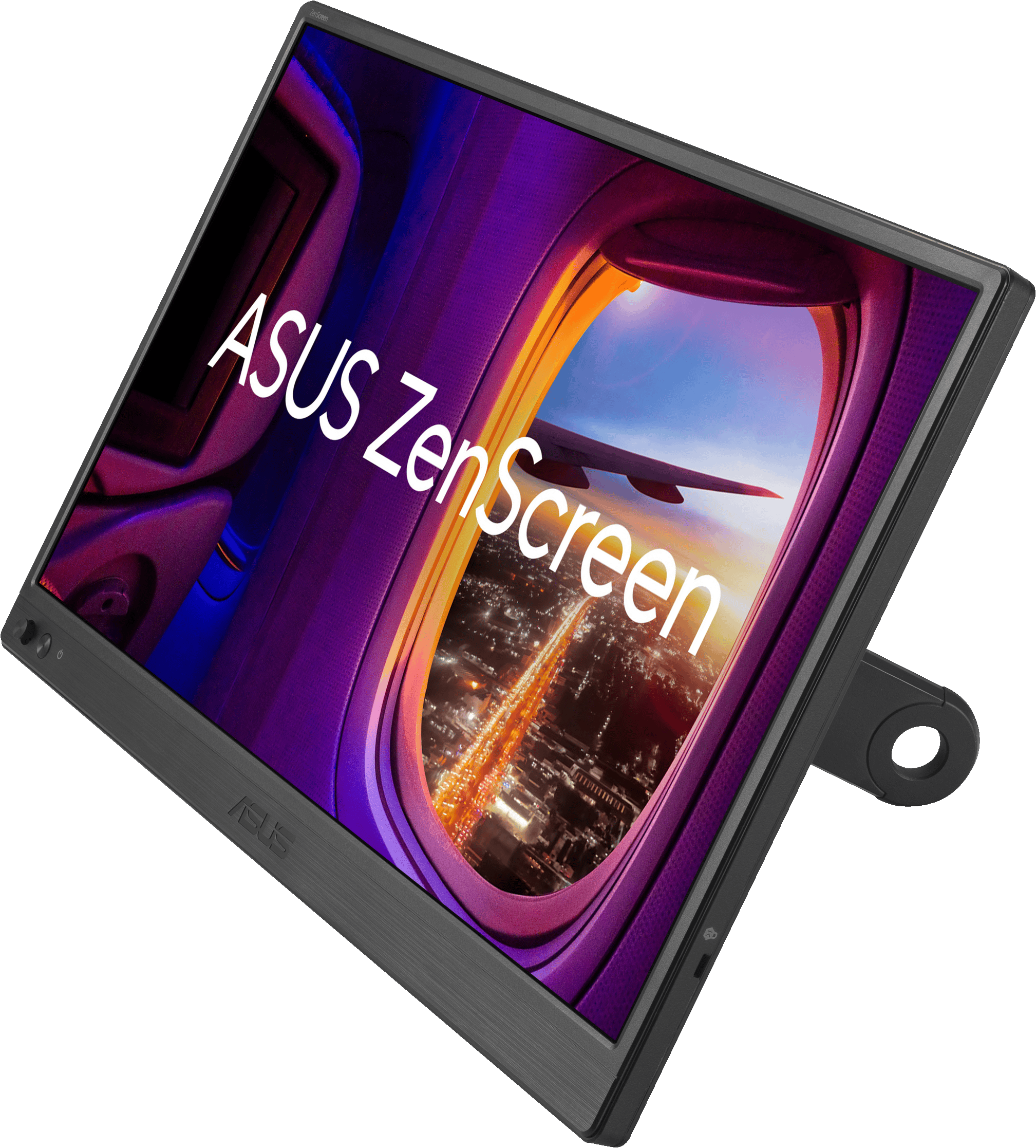 Un monitor ASUS ZenScreen mostra la vista da un finestrino di un aereo con le luci della città. Lo schermo è nero con testo bianco.