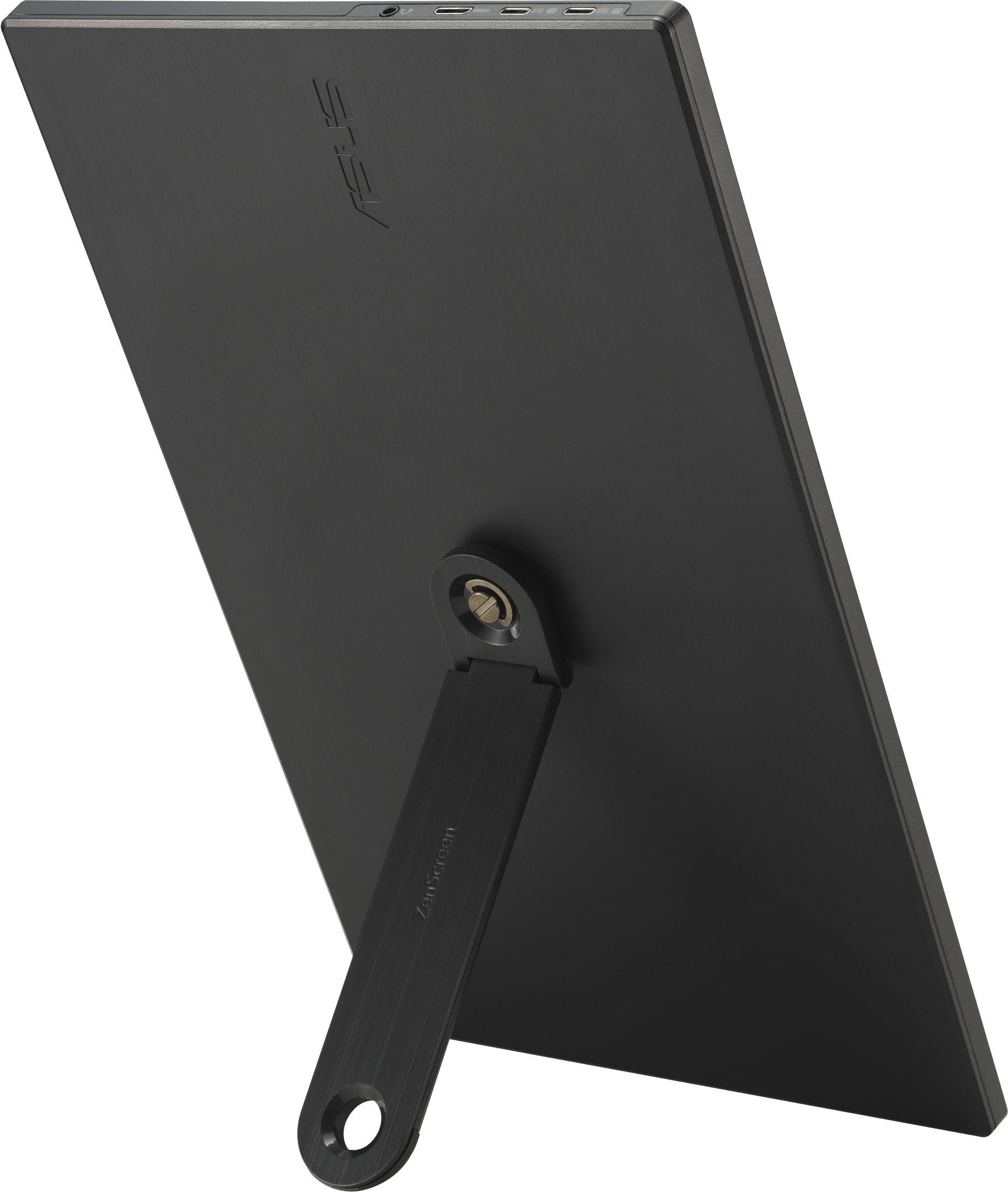 Un monitor Asus ZenScreen nero. È angolato con il supporto esteso. Il logo Asus è visibile. Sfondo bianco.