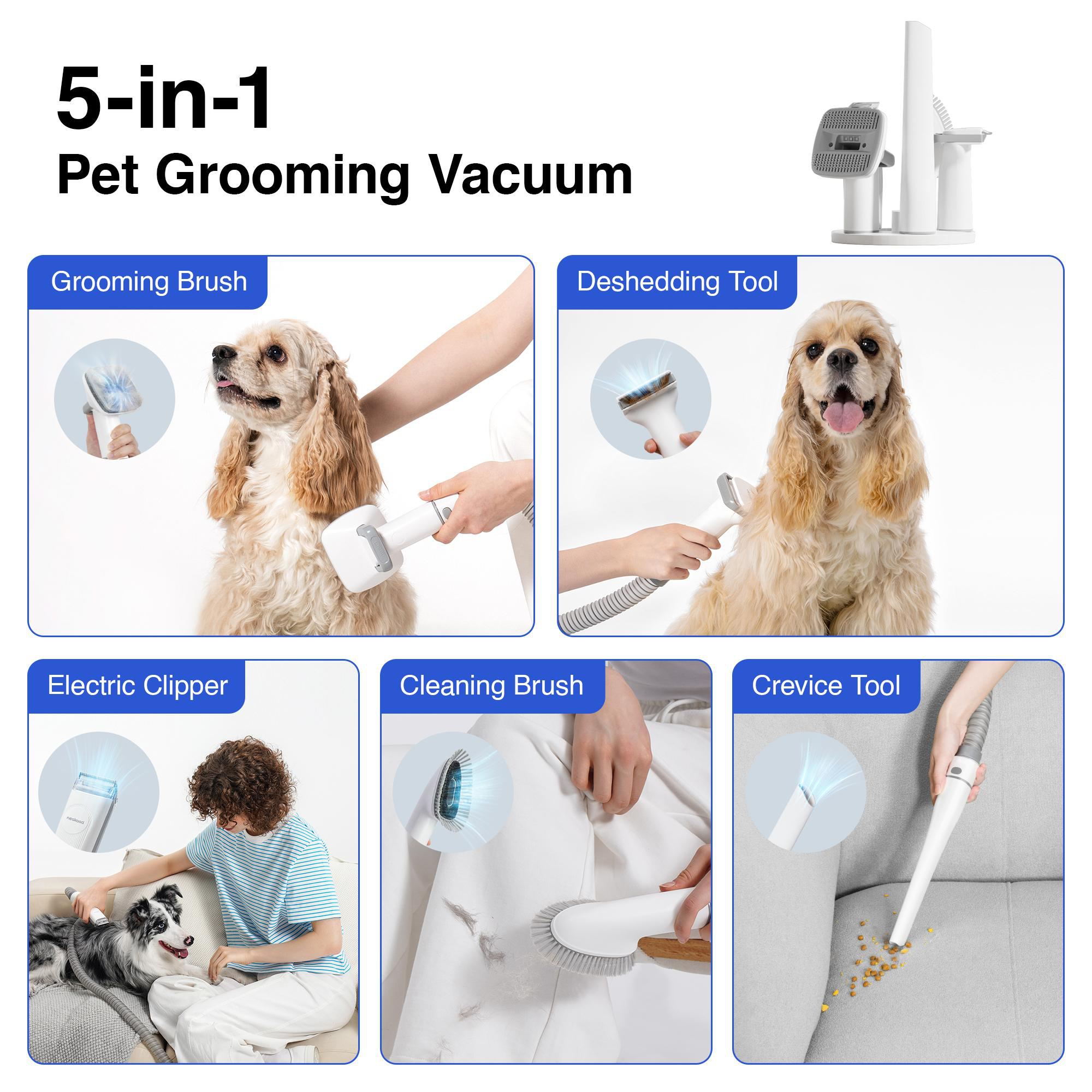 Ein 5-in-1-Tierpflege-Staubsauger mit Werkzeugen zum Bürsten, Entfilzen, Scheren, Reinigen und für Ritzen. Inklusive Hund.