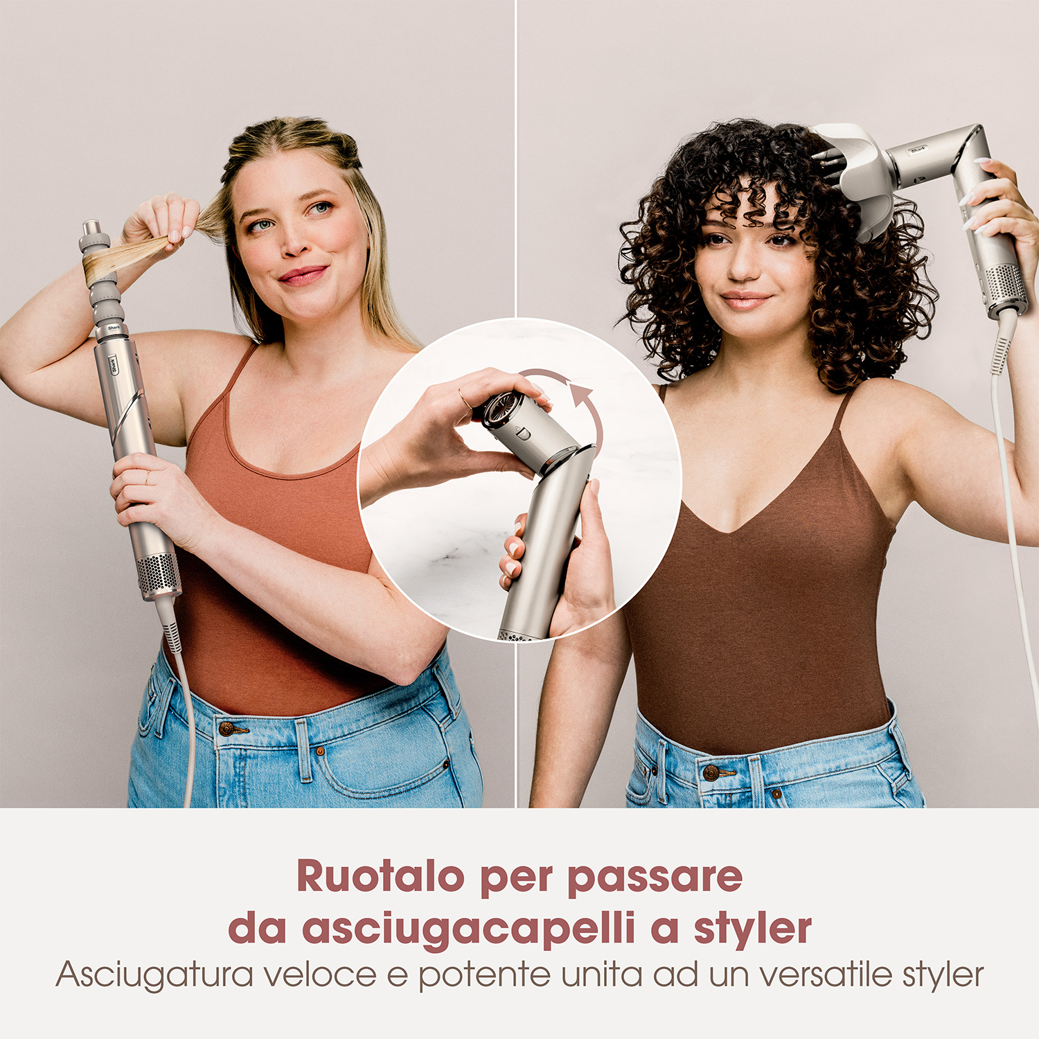 Due donne usano strumenti per lo styling dei capelli. Una liscia, l'altra arriccia. Un'immagine centrale mostra una parte rotante del dispositivo.