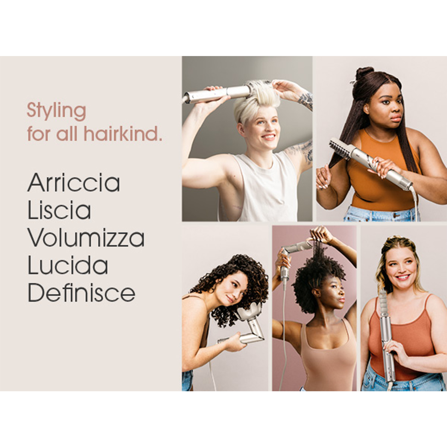 L'immagine mostra donne che si acconciano i capelli con diversi strumenti. Il testo dice 'Styling per tutti i tipi di capelli'.
