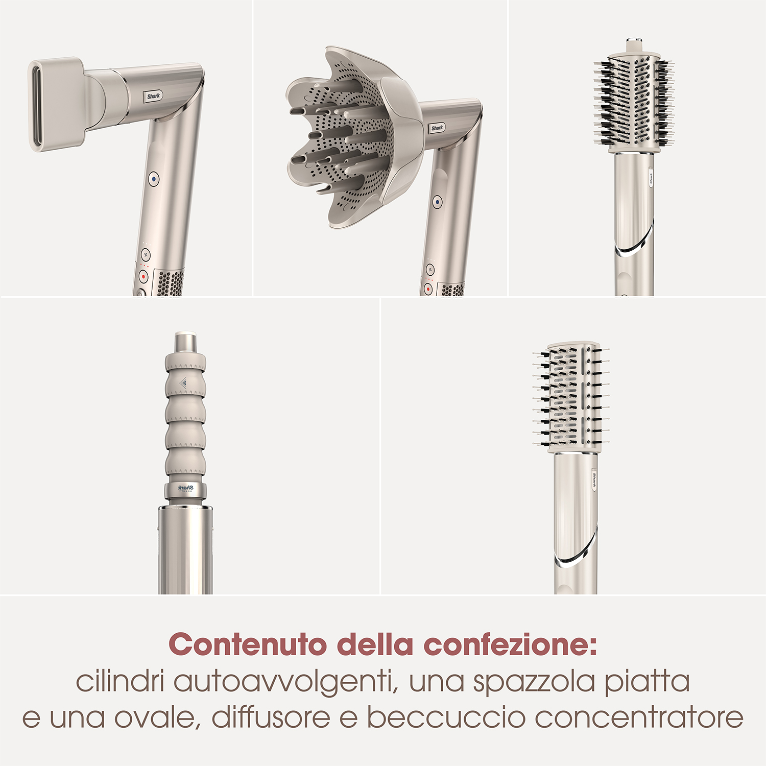 Sono mostrati vari accessori per lo styling dei capelli, tra cui un concentratore, un diffusore e spazzole, in un ambiente studio su sfondo bianco.