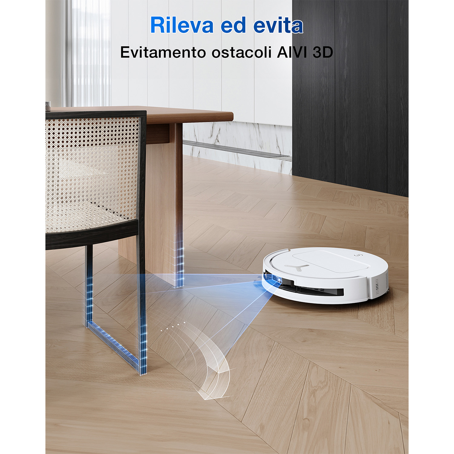 Un aspirapolvere robotico bianco su un pavimento in legno, vicino a un tavolo e una sedia. Il robot evita gli ostacoli.