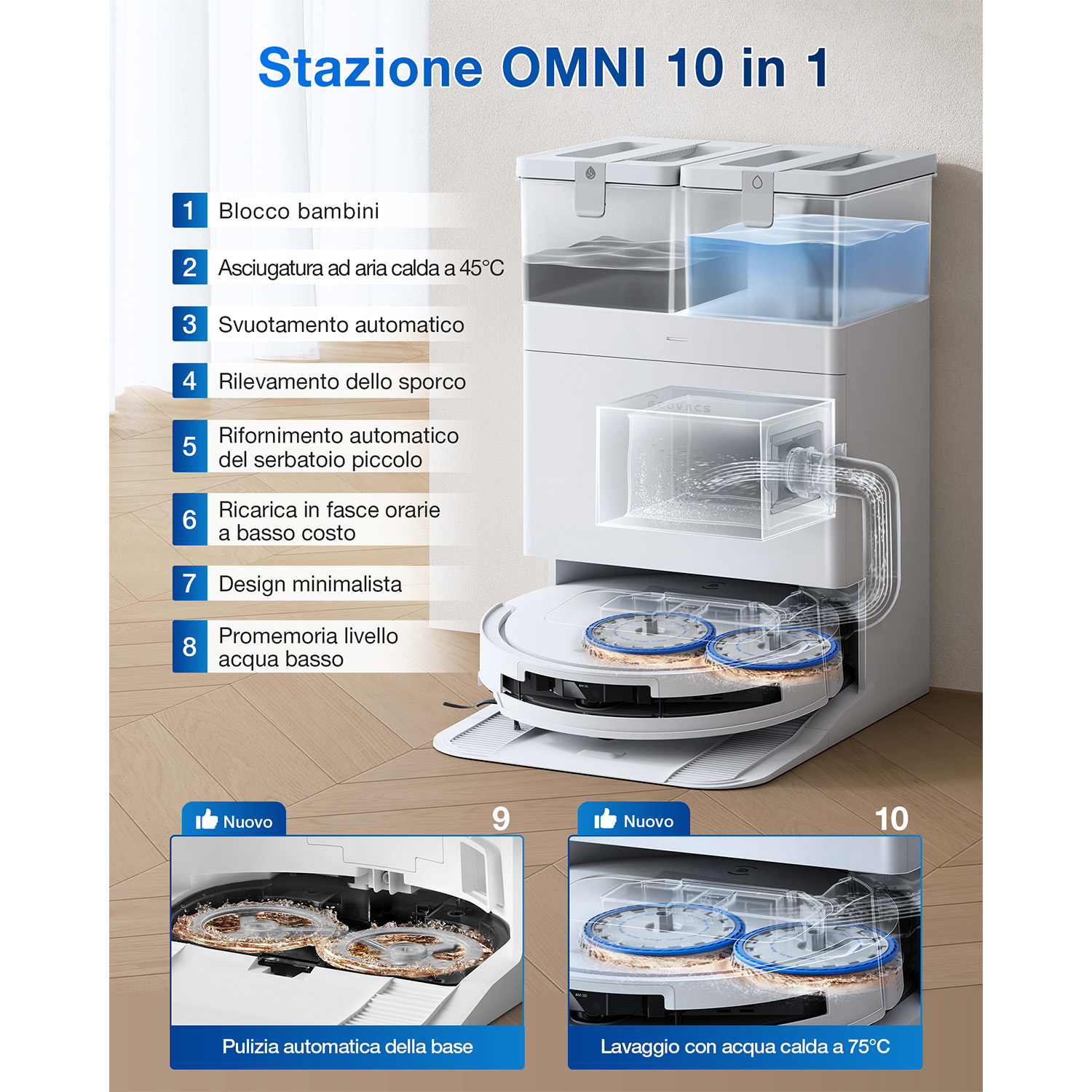 Una stazione per aspirapolvere bianca con etichette di testo. Punti salienti: blocco bambini, asciugatura ad aria calda, svuotamento automatico e pulizia automatica.