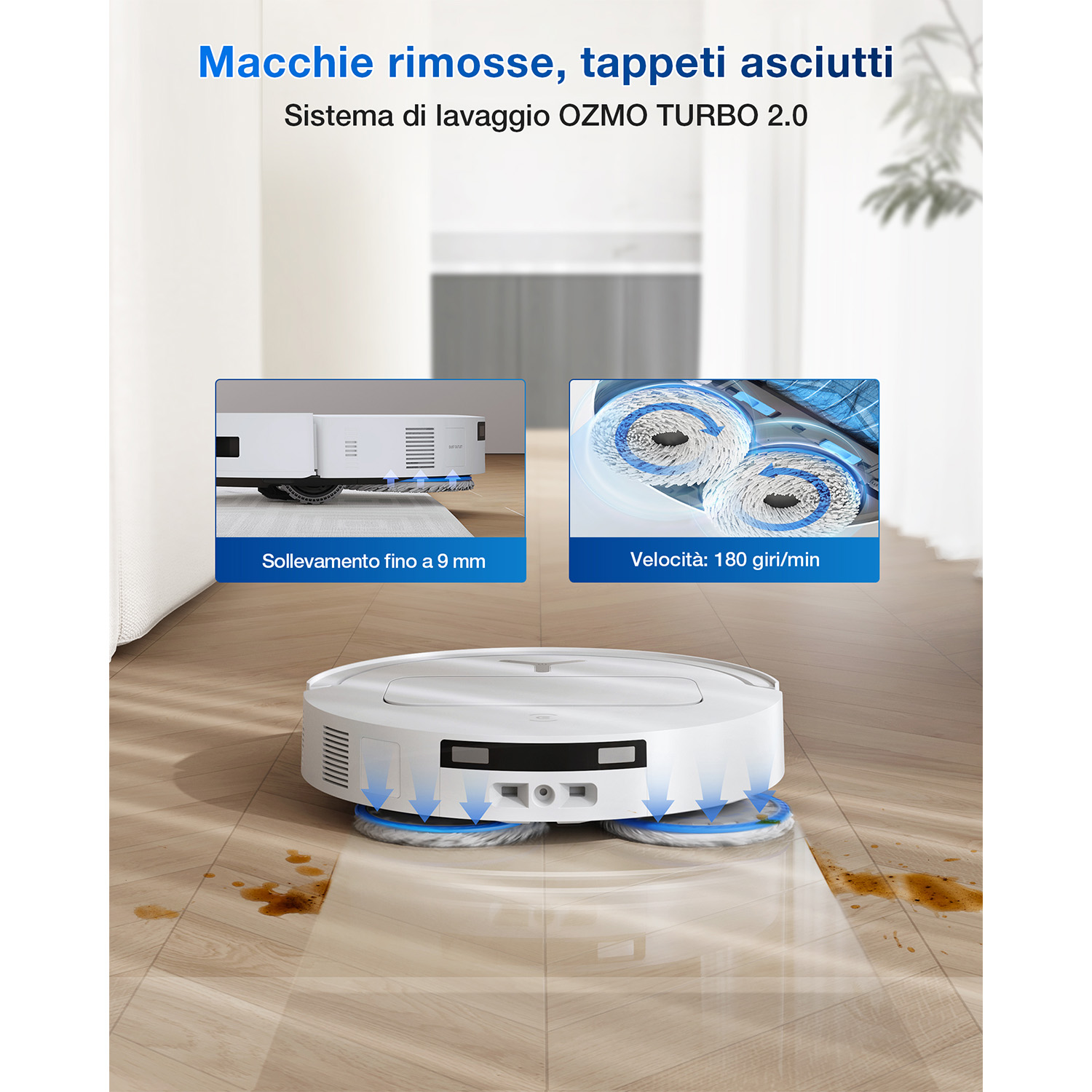 Un robot aspirapolvere bianco su un pavimento in legno. L'aspirapolvere sta pulendo una macchia. Due immagini più piccole mostrano i dettagli.