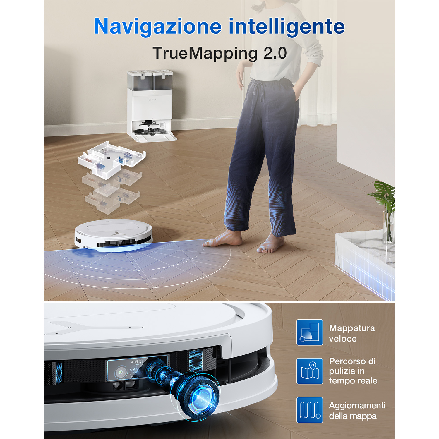 Una donna in piedi vicino a un robot aspirapolvere. L'immagine mostra l'aspirapolvere, una stazione di ricarica e un diagramma del percorso di pulizia.