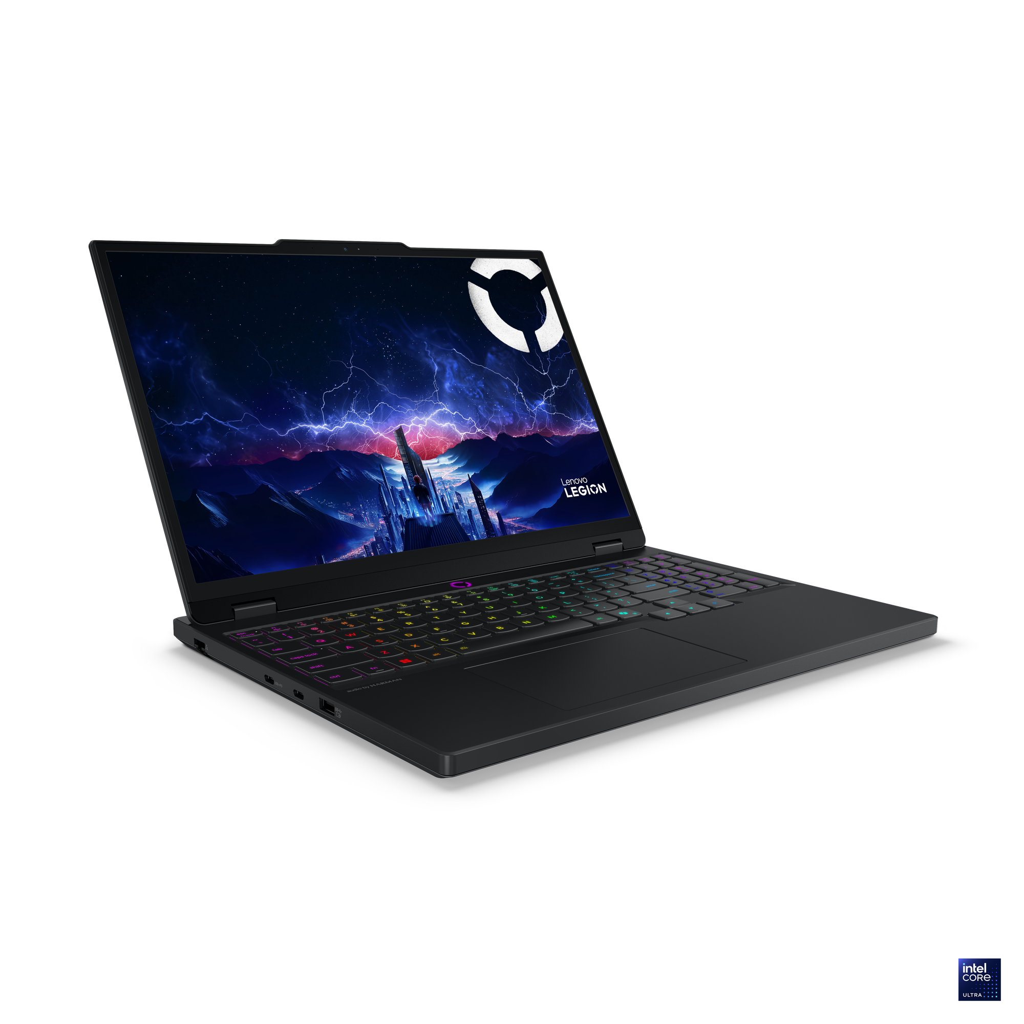 Siyah Lenovo Legion dizüstü bilgisayar, dağ sahnesi gösteren canlı bir ekranla. Klavye çok renkli aydınlatmaya sahip.