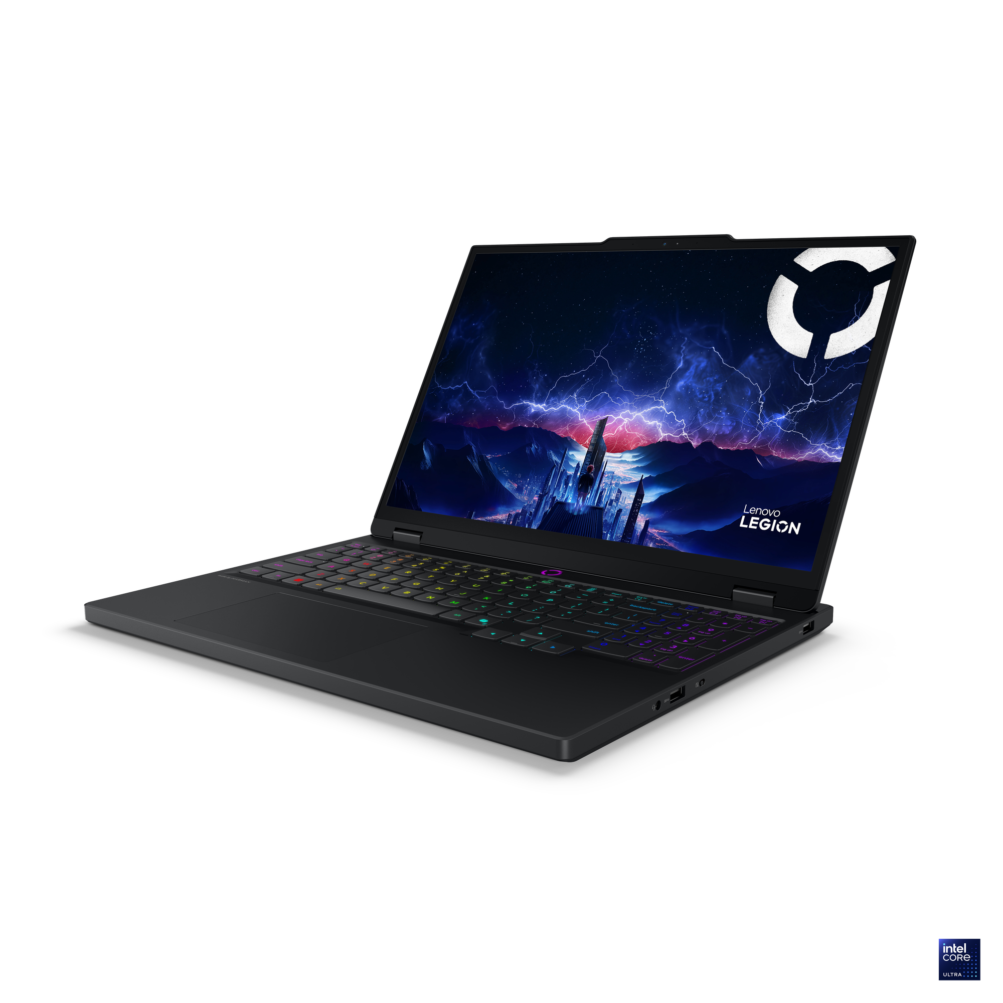 Siyah Lenovo Legion dizüstü bilgisayar. Ekran, şimşekli bir şehir gösteriyor. Klavye çok renkli.