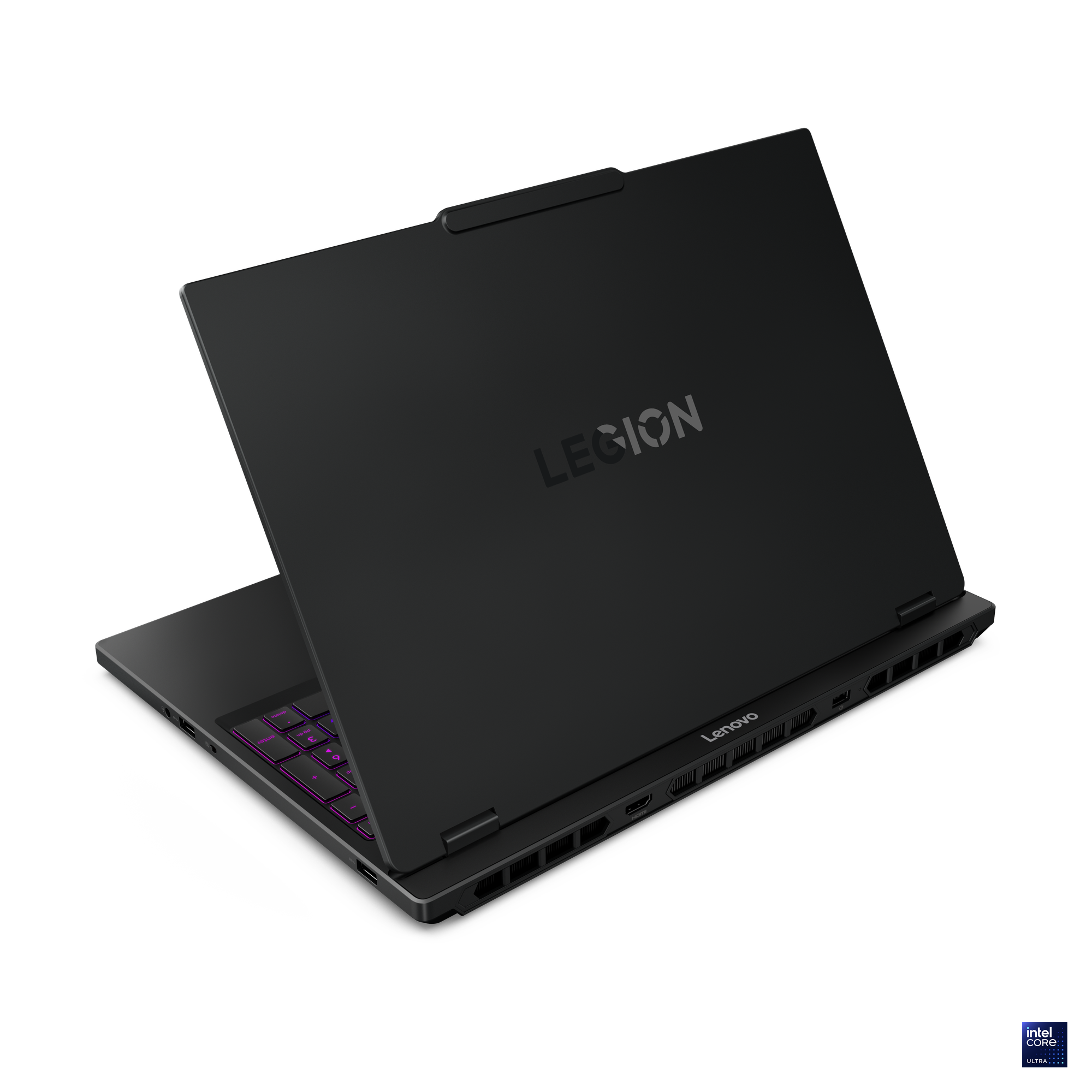 Siyah Lenovo Legion dizüstü bilgisayar, kısmen açık, aydınlatmalı klavye. Kapakta Legion logosu.