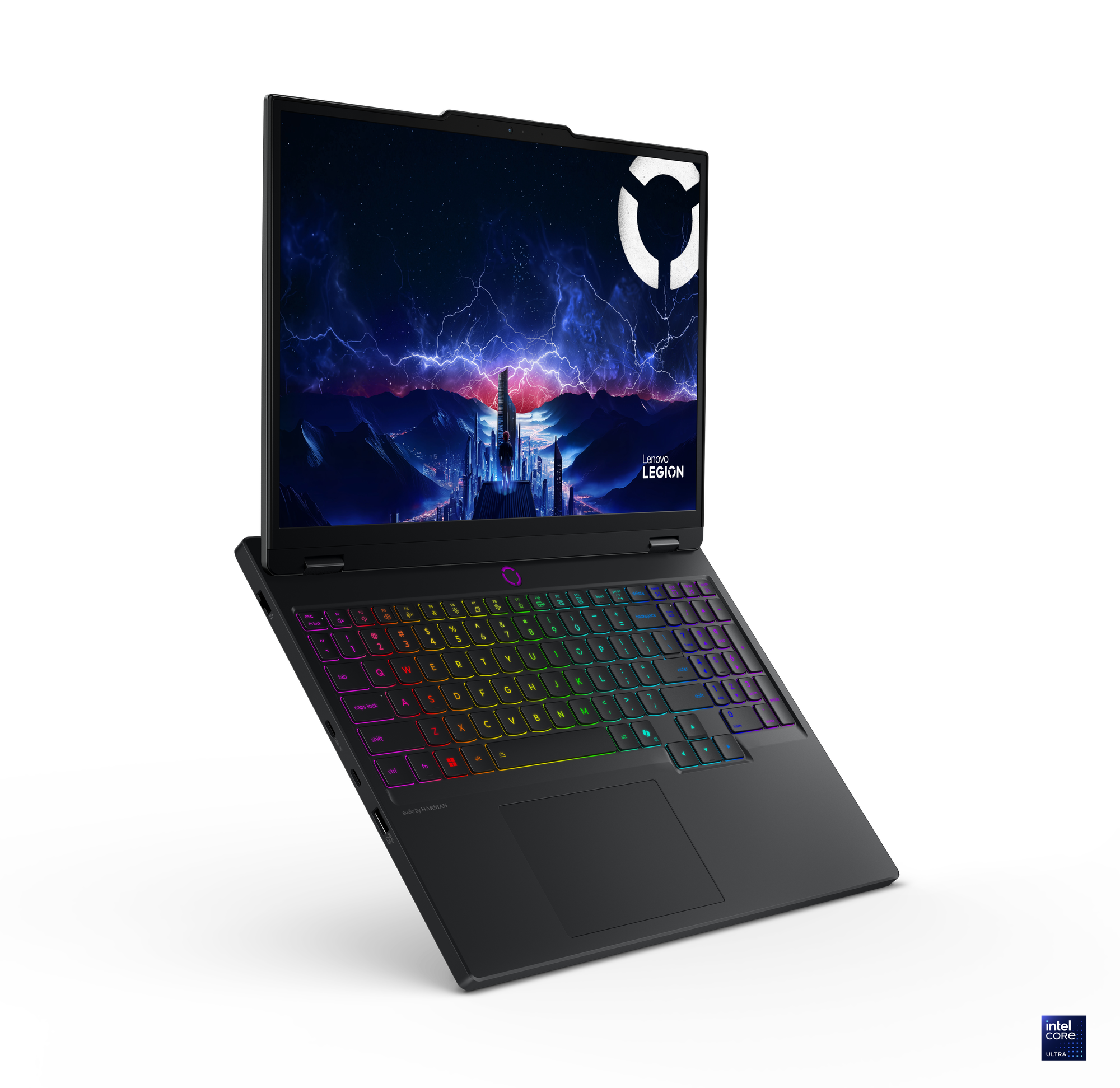 Renkli arkadan aydınlatmalı klavyeye sahip siyah Lenovo Legion dizüstü bilgisayar. Ekran şimşekli bir manzara gösteriyor.