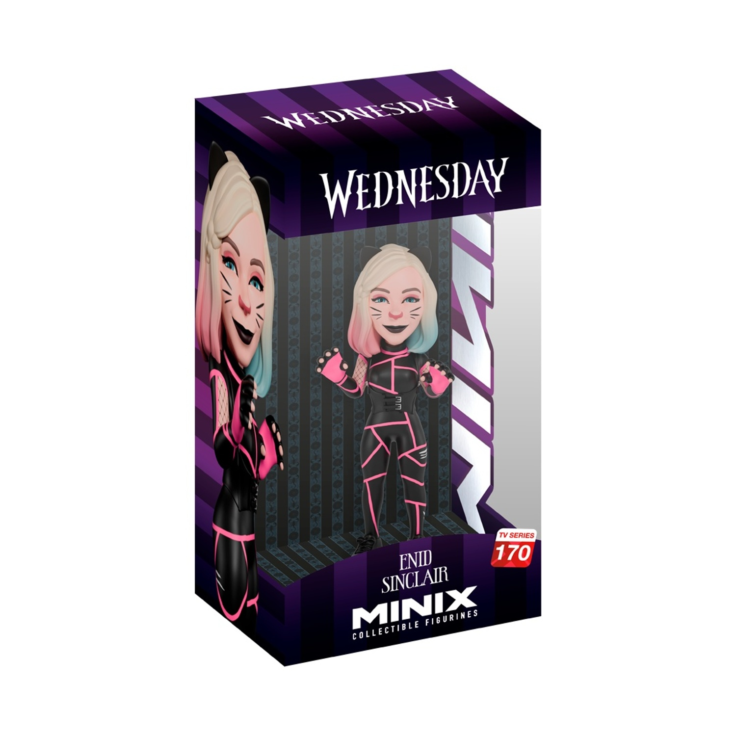 Una statuetta Minix Enid Sinclair in una scatola. Indossa un completo nero e rosa, con una fascia con orecchie da gatto e capelli rosa e blu.