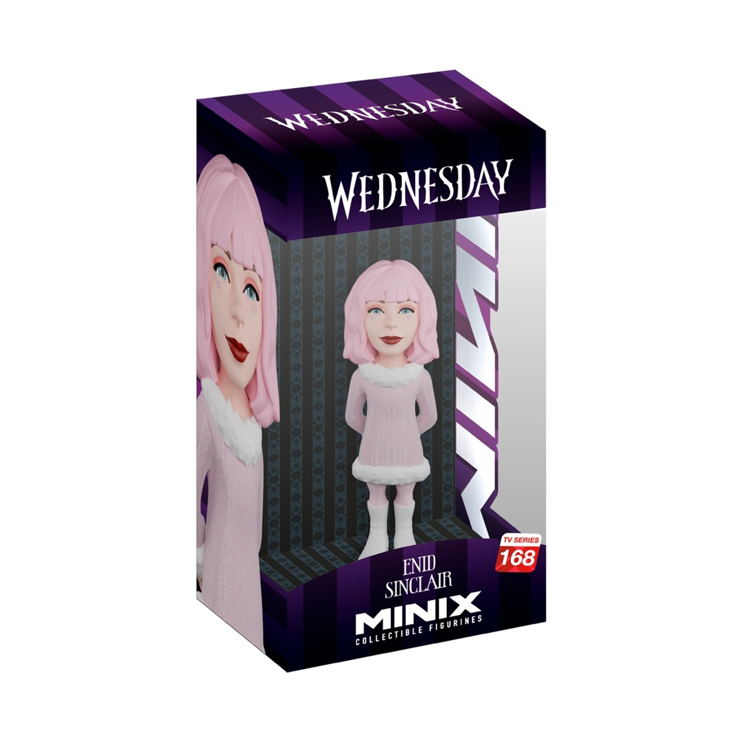 Una statuetta da collezione Minix di Enid Sinclair di Wednesday. Indossa un vestito rosa e stivali bianchi, in una scatola con il marchio Wednesday.