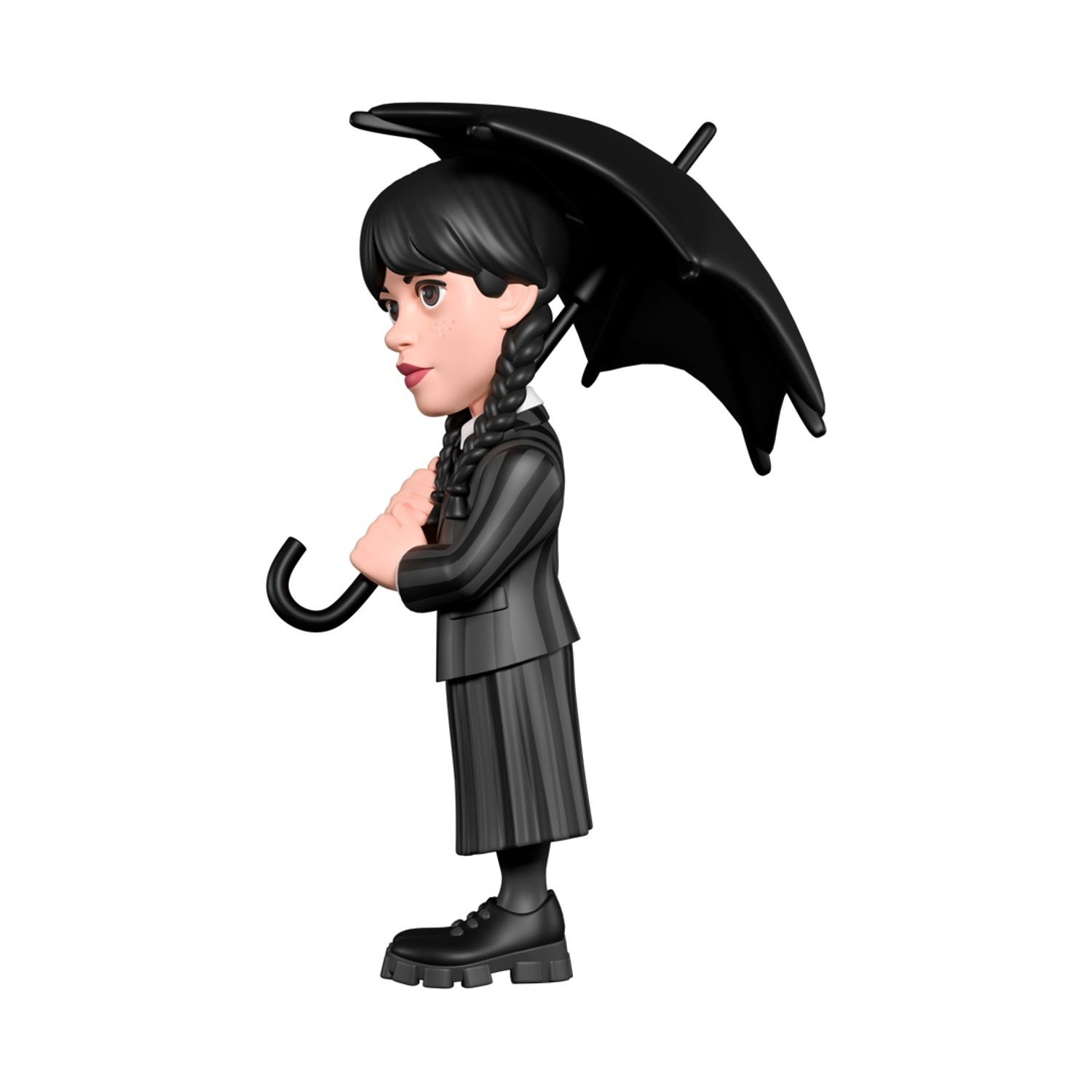 Una statuetta di Mercoledì Addams con un ombrello nero. Indossa un vestito nero, scarpe e ha trecce nere.