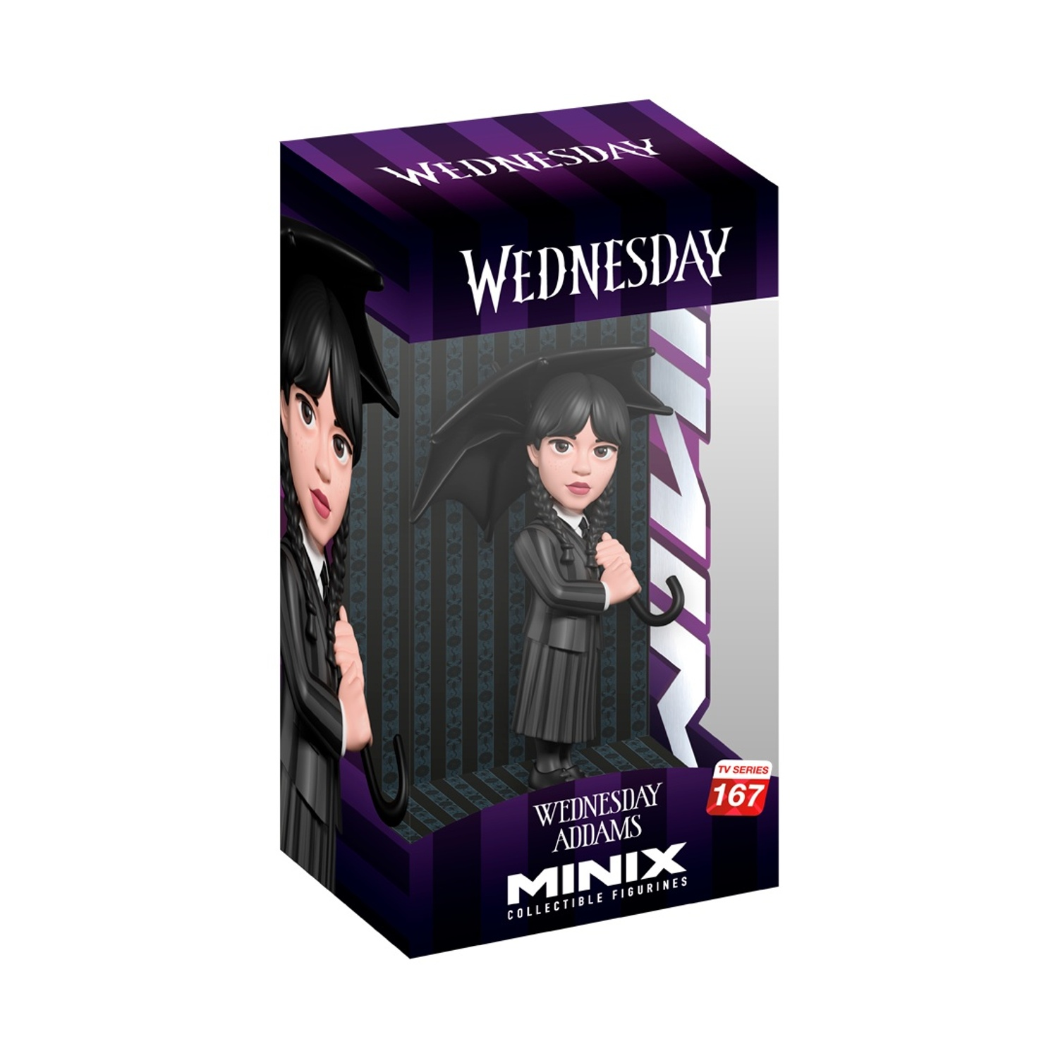 Una statuetta da collezione Minix di Wednesday Addams in una scatola. Indossa un vestito nero e tiene un ombrello nero. La scatola ha il logo Wednesday.