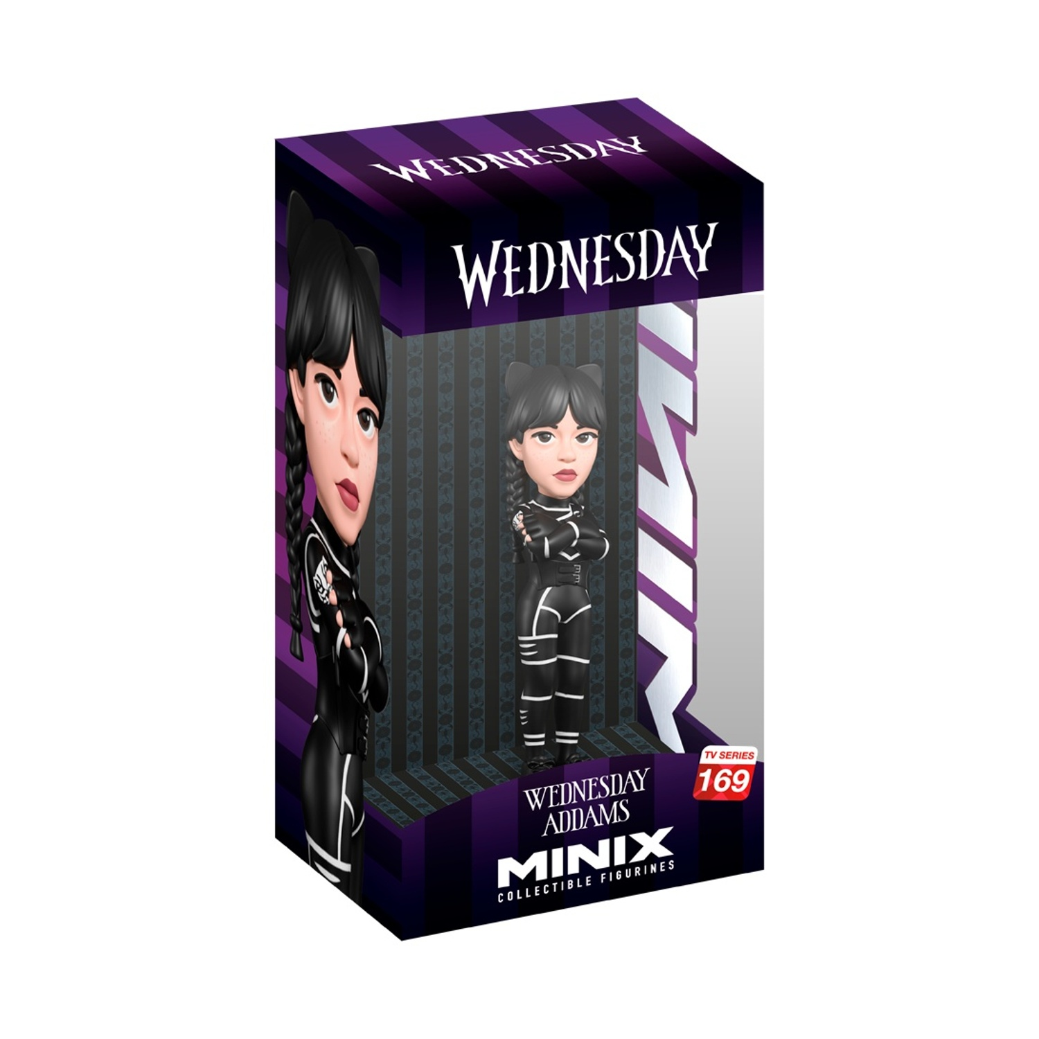 Una figura di Wednesday Addams Minix in una scatola. La figura indossa un completo nero. La scatola riporta "Wednesday" e "Minix Collectible Figurines".