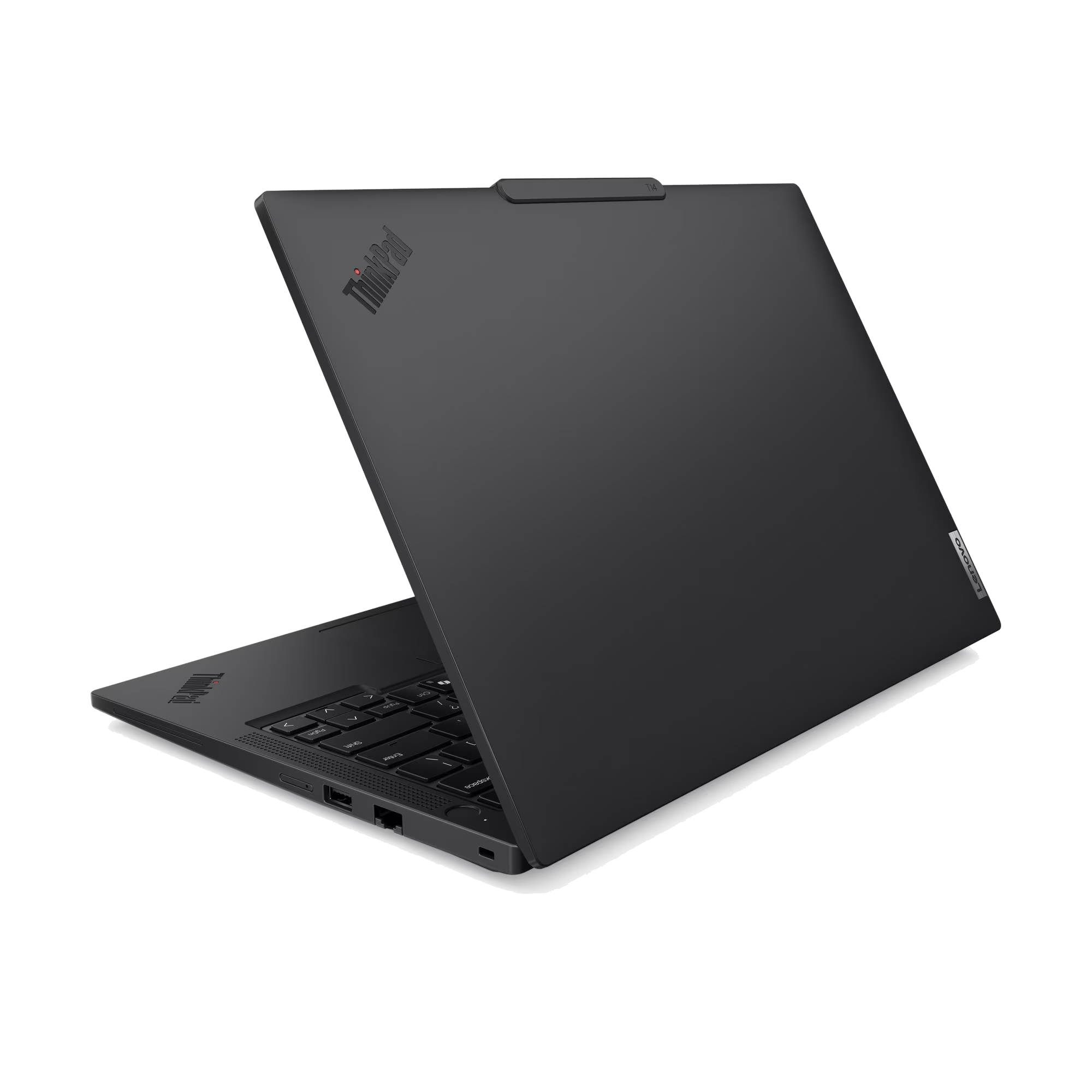 Un portátil ThinkPad negro está abierto sobre un fondo negro. La pantalla está abierta, mostrando el teclado y la parte superior.