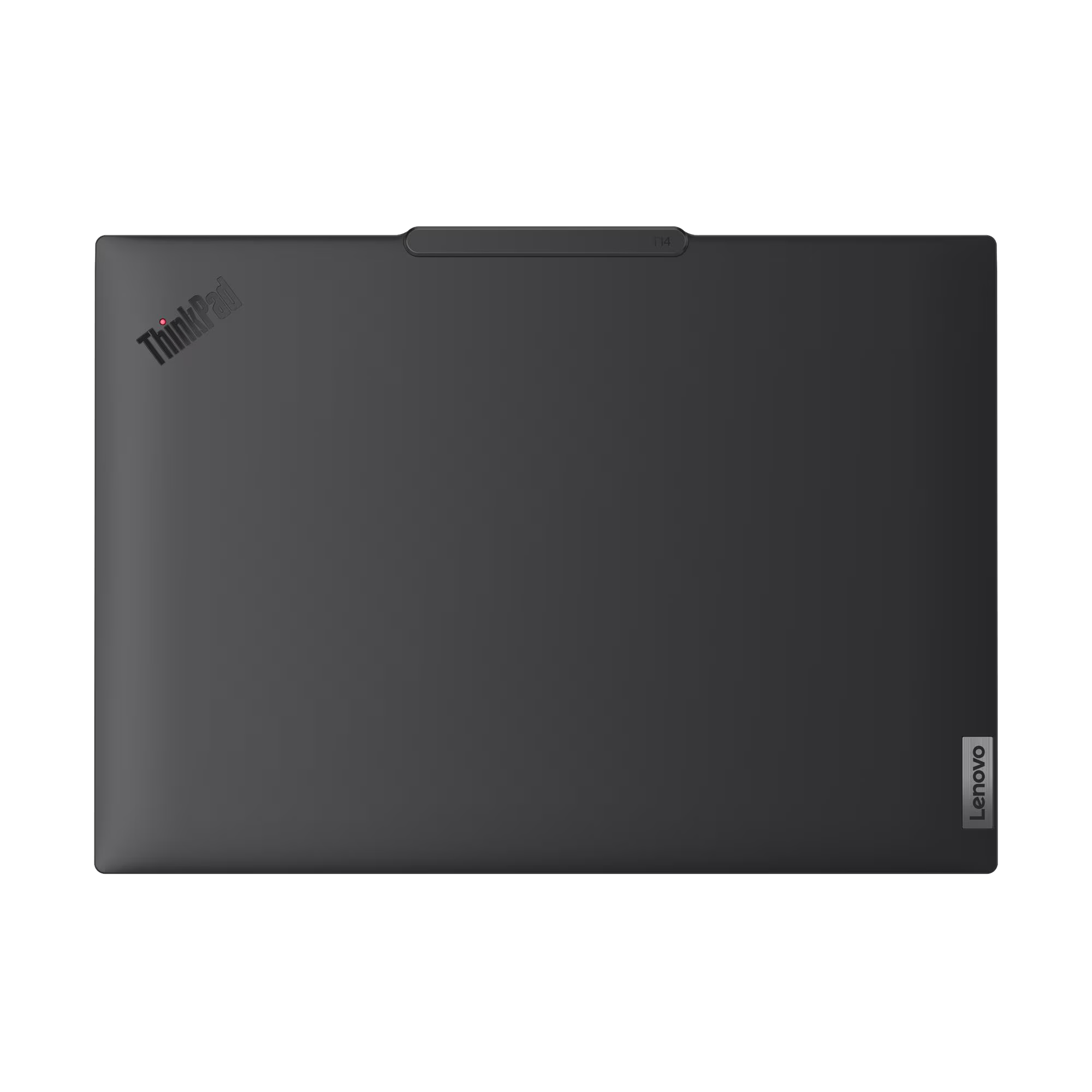Portátil ThinkPad gris oscuro, vista superior. Logotipo ThinkPad arriba a la izquierda, Lenovo abajo a la derecha.