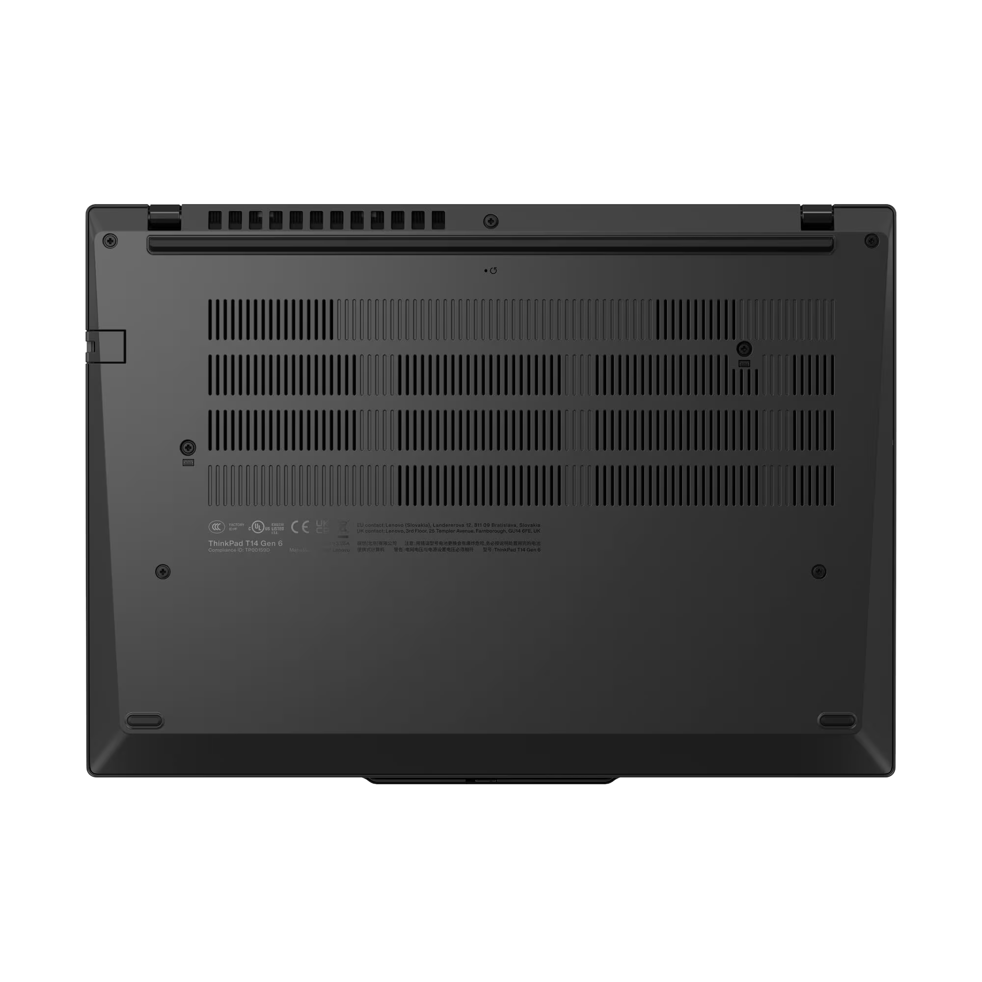 Parte inferior de portátil negro con ventilación, puertos y etiquetas. Modelo: ThinkPad T14 Gen 6.