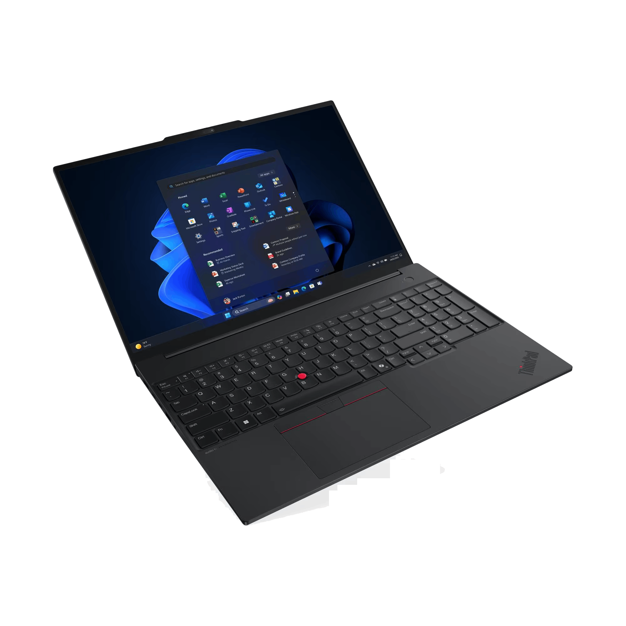 Un portátil negro, abierto para mostrar una interfaz de Windows, teclado visible y logo ThinkPad.