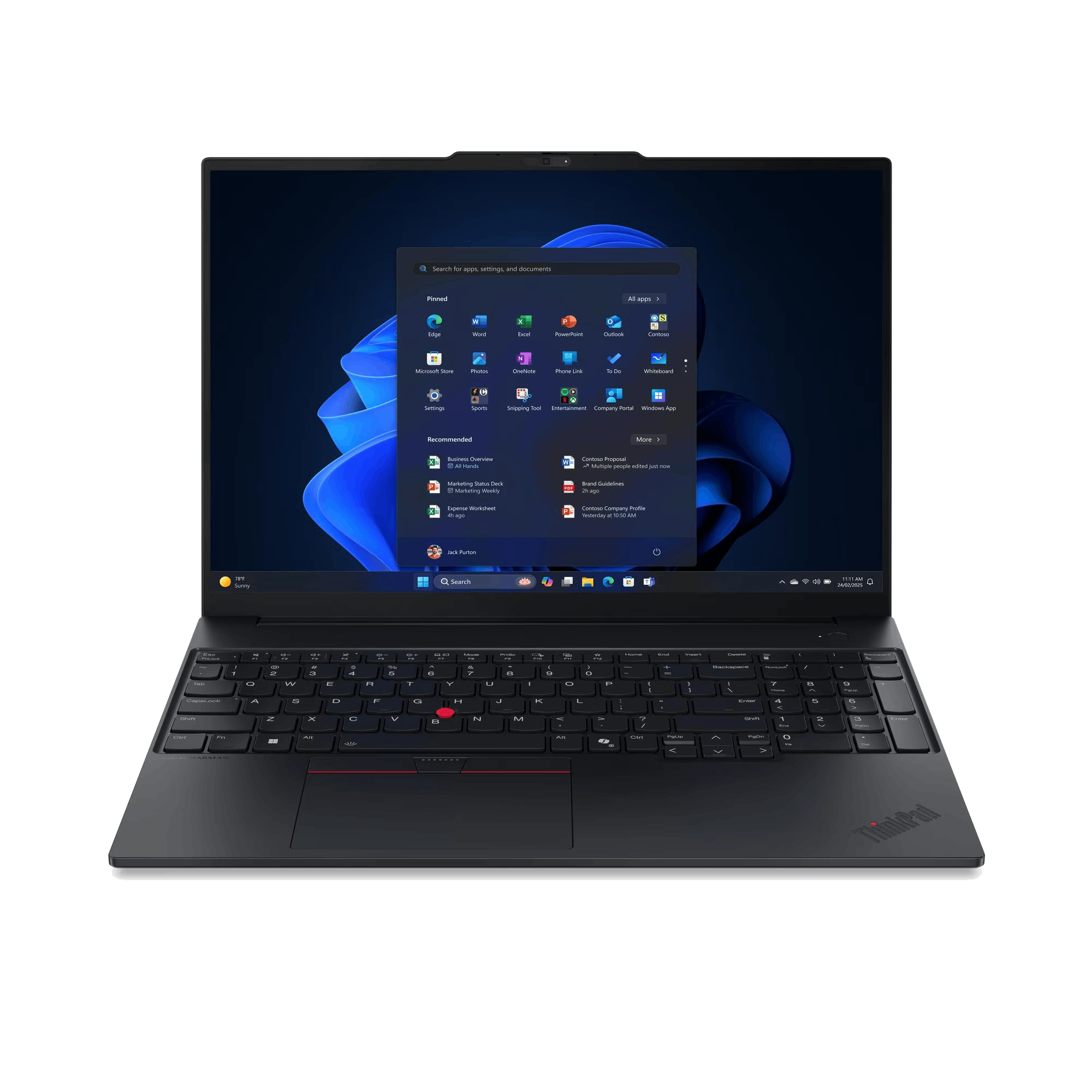 Un portátil negro muestra la interfaz de Windows 11. El teclado es visible, junto con el logotipo de ThinkPad.