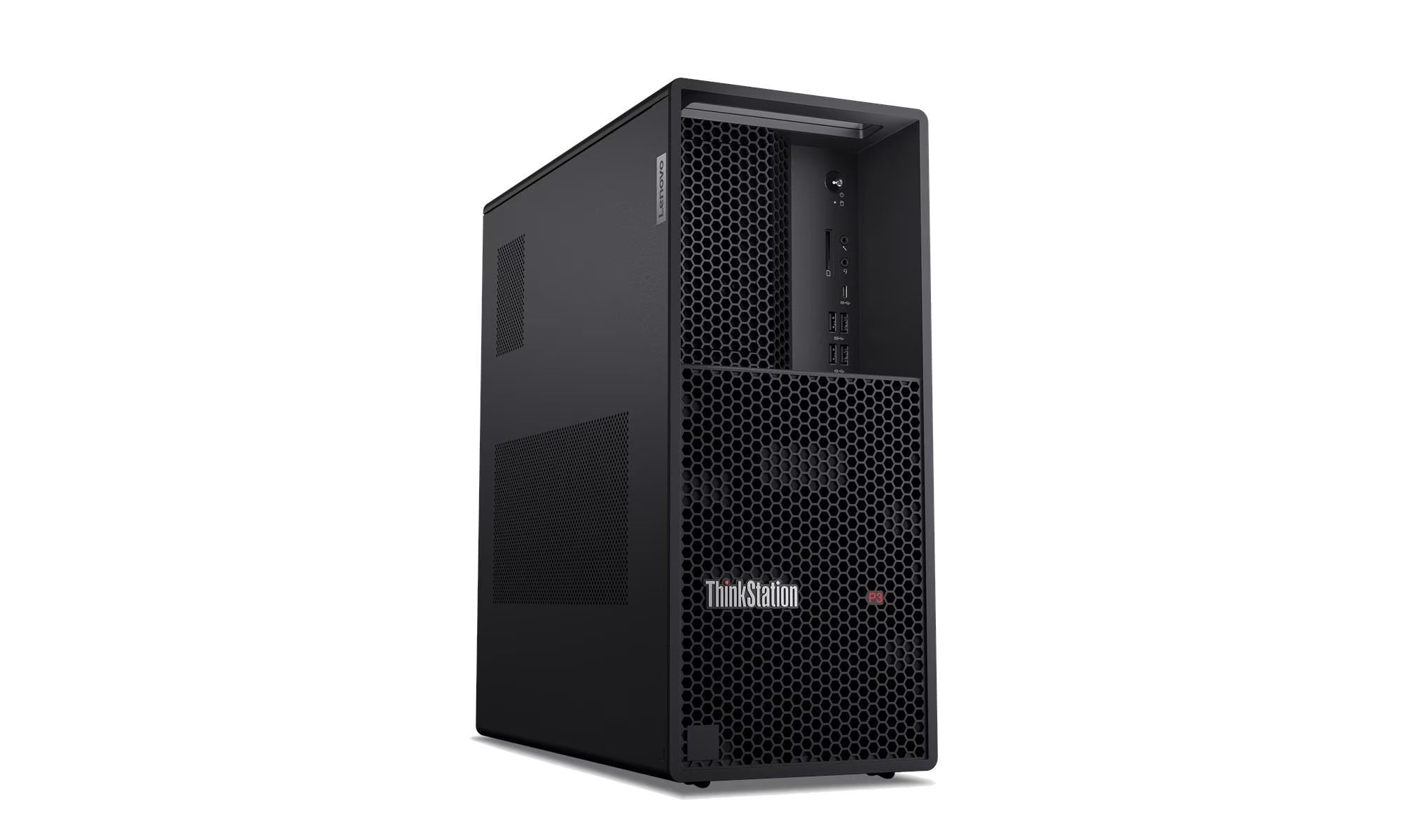 Ordenador Lenovo ThinkStation negro. Tiene una parte frontal de malla de panal, puertos y el logotipo ThinkStation.