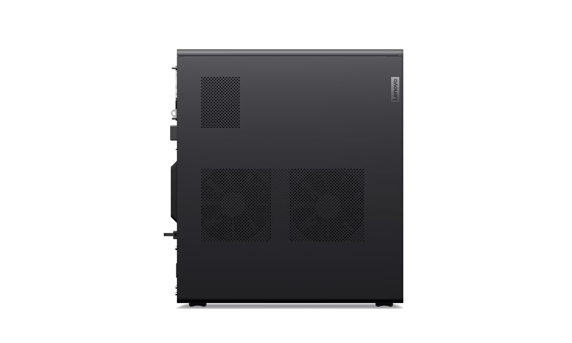 Una carcasa de computadora de escritorio Lenovo gris oscuro, con secciones perforadas y el logotipo de Lenovo en el lateral, sobre fondo negro.