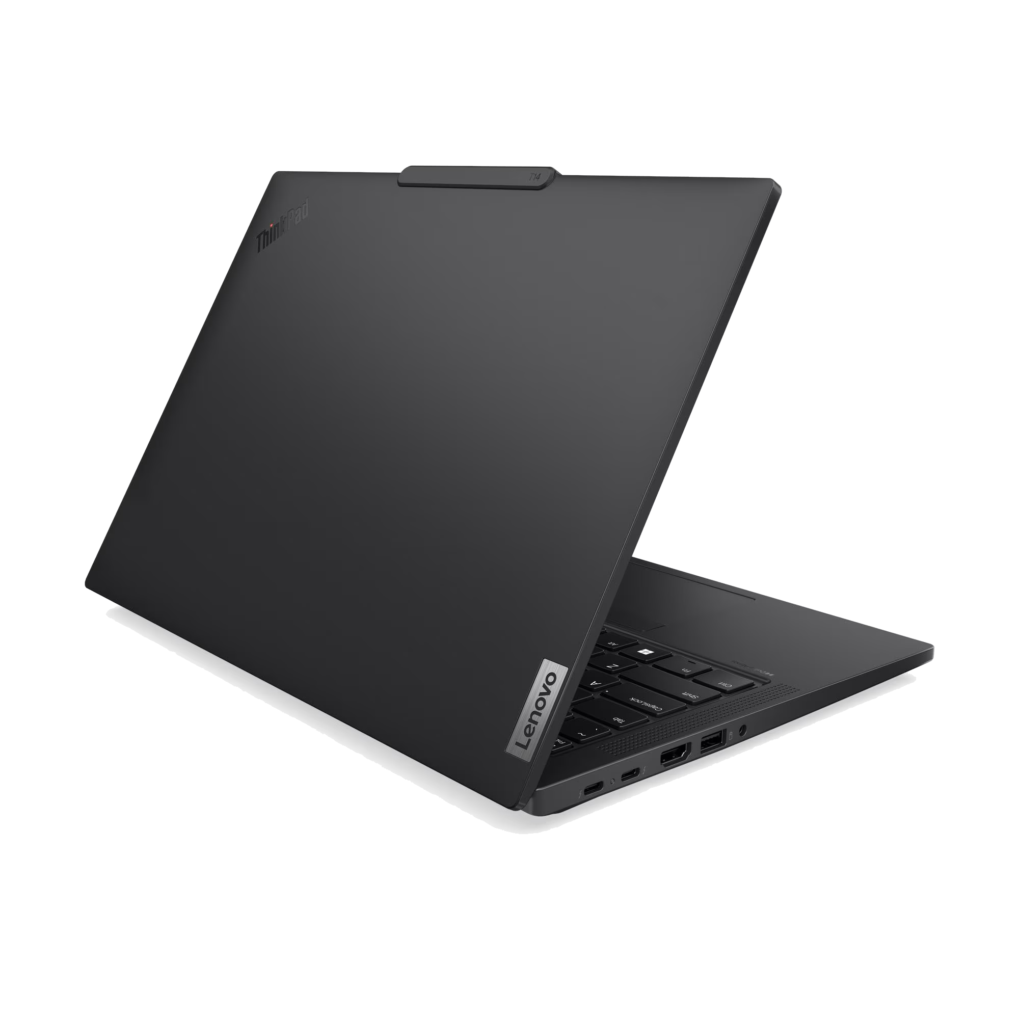 Un portátil Lenovo ThinkPad negro, abierto en ángulo. El teclado es visible. El fondo es negro.