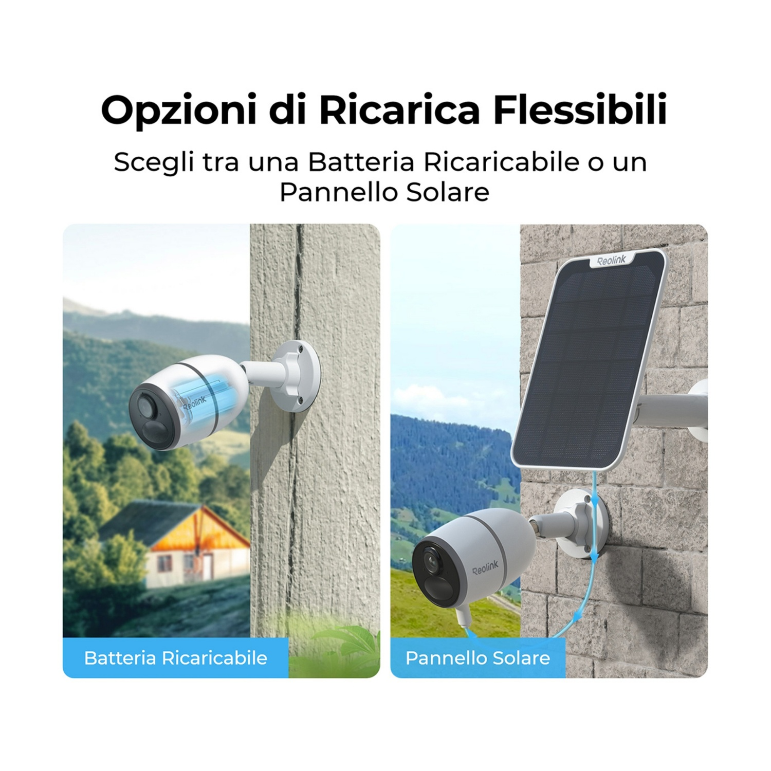 L'immagine mostra due telecamere di sicurezza; una a muro con batteria, un'altra con pannello solare. Il testo recita: 'Opzioni di ricarica flessibili'.