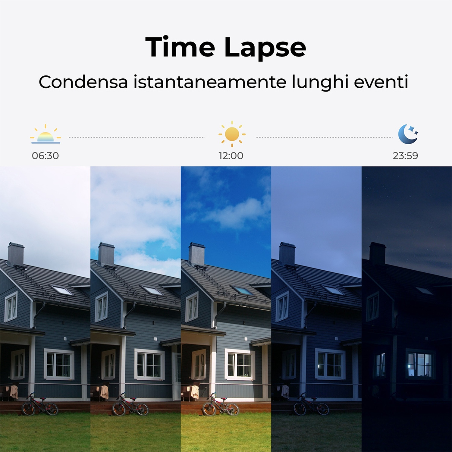 Time-lapse di una casa dall'alba alla notte. Mostra il sole, il cielo che cambia, con una casa e biciclette.