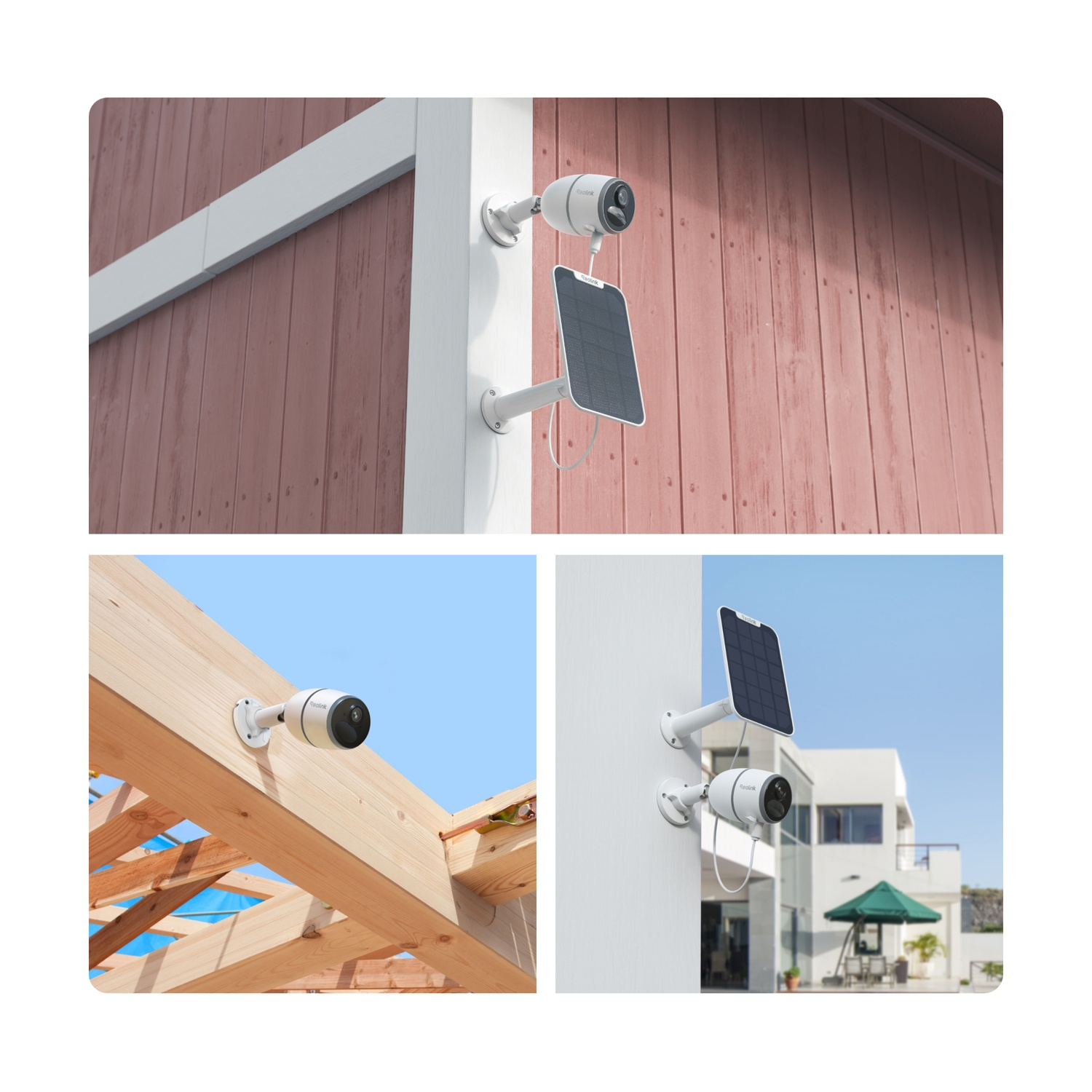 Quattro immagini mostrano telecamere di sicurezza con pannelli solari. Le telecamere sono montate su muri e strutture in legno. Sfondi vari.