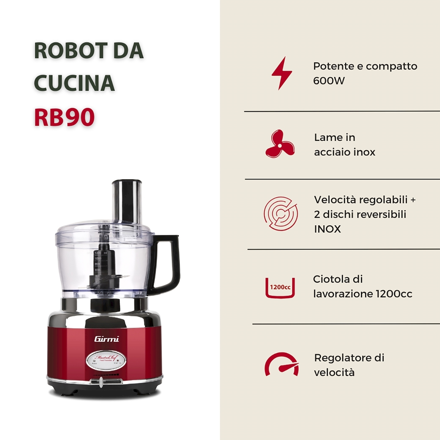 Un robot da cucina rosso e argento con una ciotola trasparente e un manico nero. Il testo dice 'Robot da Cucina RB90' e caratteristiche.