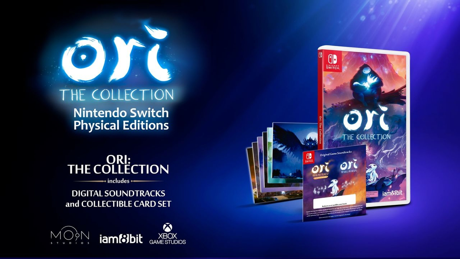 Werbebild für 'Ori: The Collection' auf Nintendo Switch. Enthält Spielbox, Soundtrack und Sammelkarten. Blauer Hintergrund mit Spielelogo.