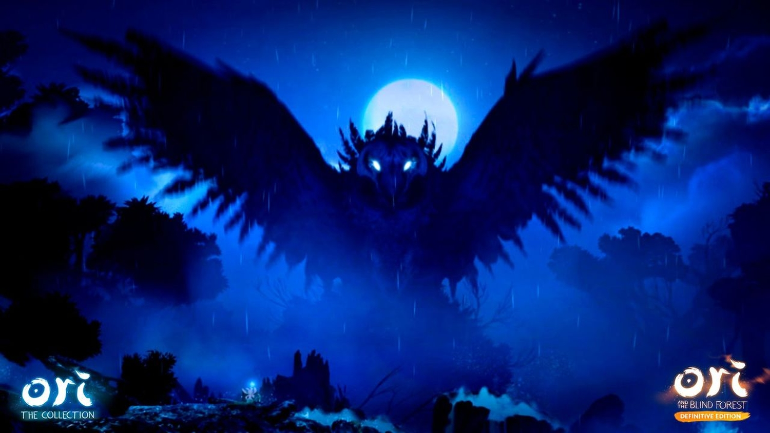 Eine große Eule mit ausgebreiteten Flügeln vor blauem Himmel mit Vollmond. Die Szene ist düster und unheilvoll, mit einem Wald darunter.
