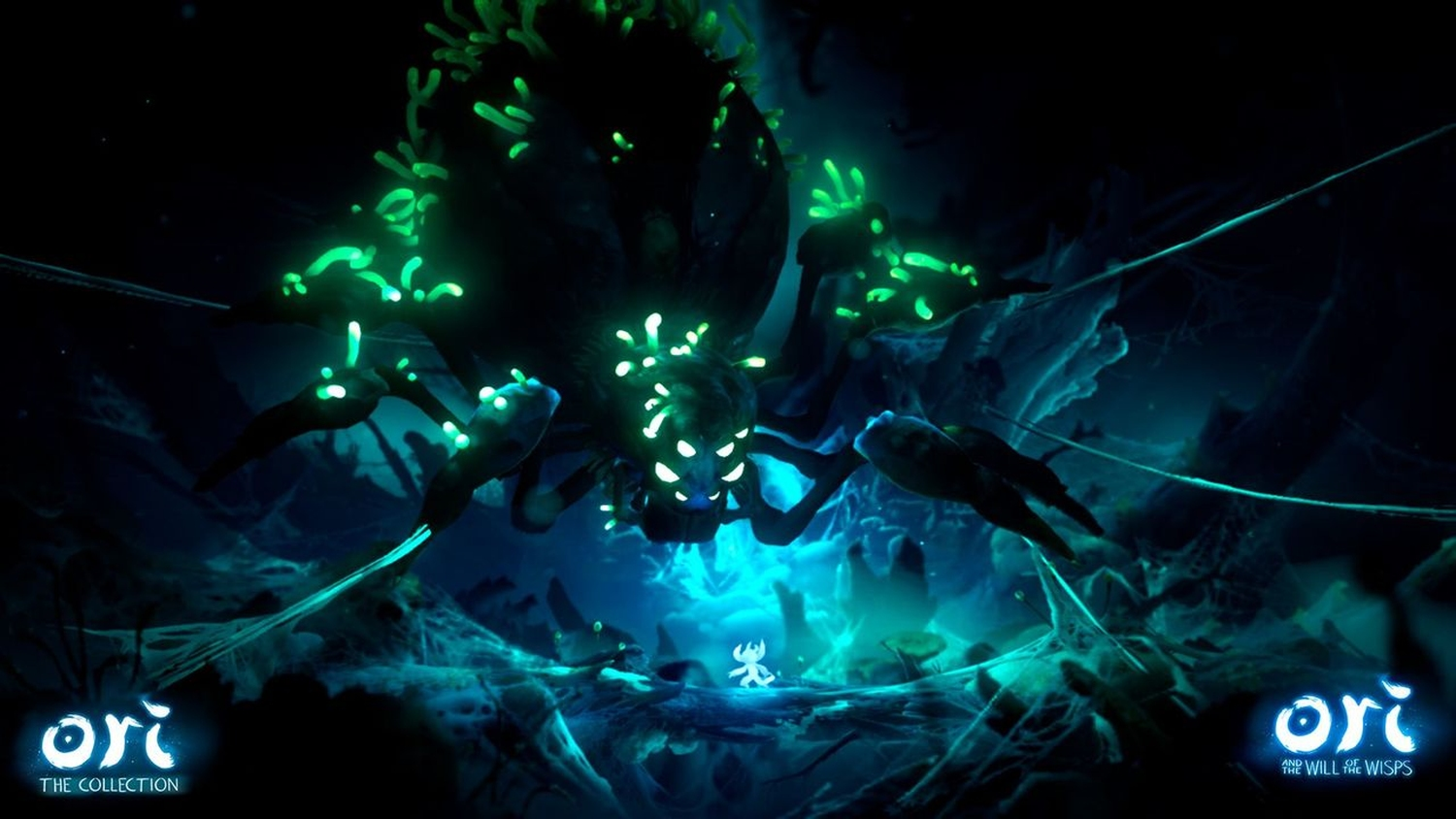 Eine dunkle Szene zeigt eine riesige Spinne mit grün leuchtenden Elementen. Darunter steht eine kleine, weiße Figur. Der Hintergrund ist dunkel mit Blautönen.