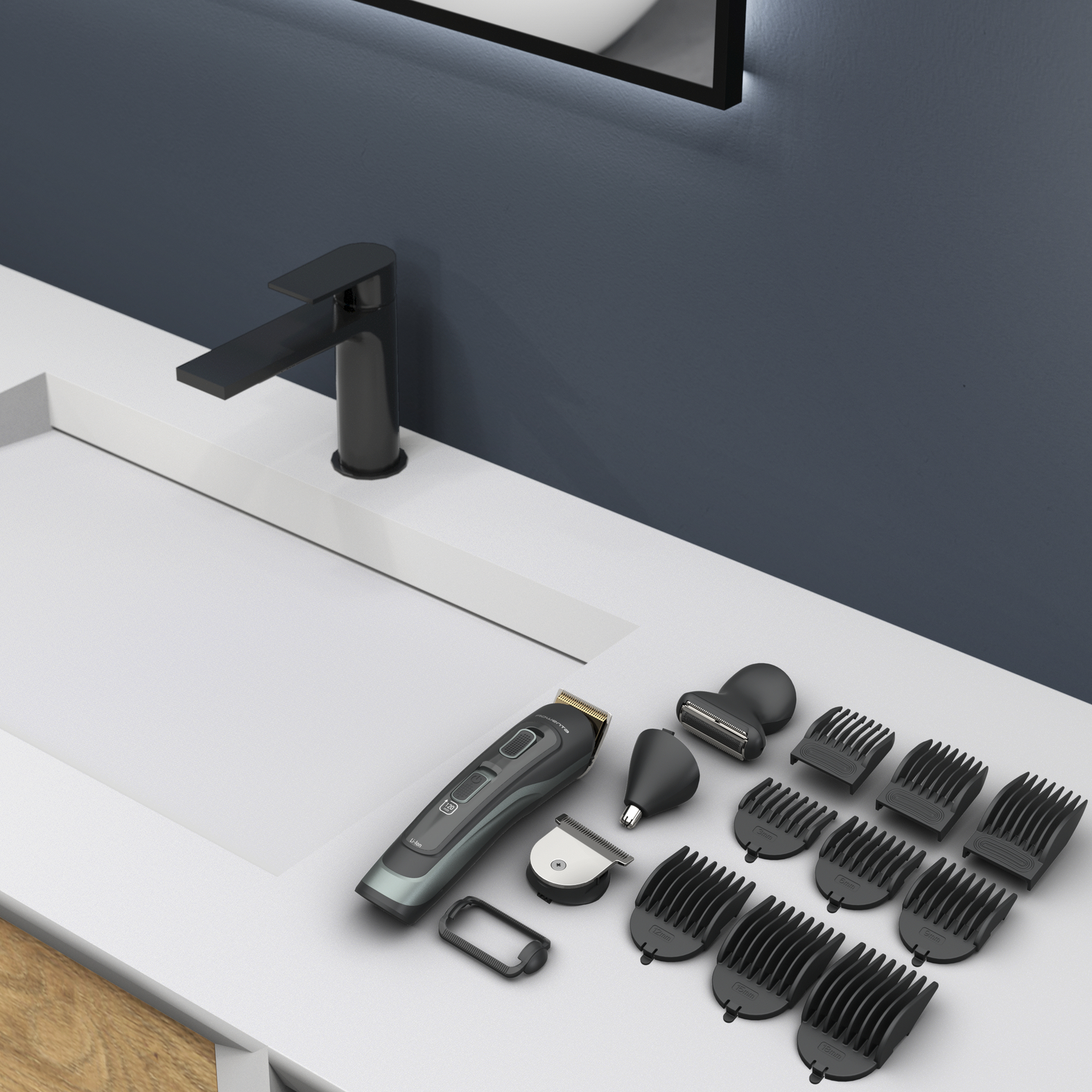 Escena de baño con grifo negro, lavabo y kit de aseo. El kit incluye un recortador, accesorios y varios protectores.