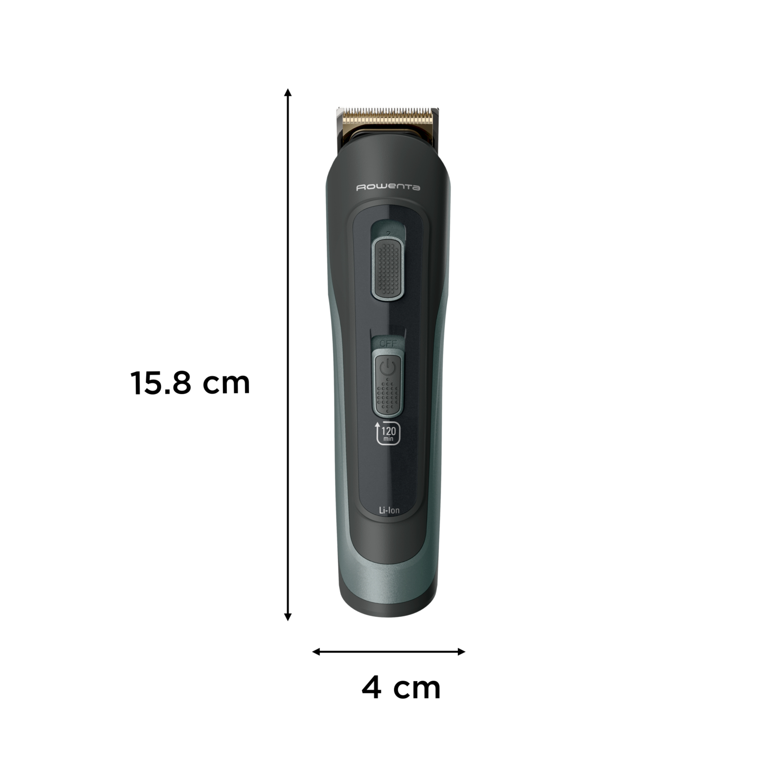 Una cortadora de cabello Rowenta negra y gris. Mide 15,8 cm de largo y 4 cm de ancho. Tiene un botón de encendido y un indicador de funcionamiento de 120 minutos.