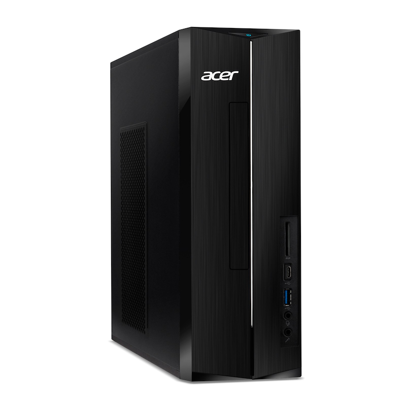Un ordenador de sobremesa Acer negro. La parte delantera tiene una línea blanca vertical y el logotipo de Acer. Los puertos son visibles.