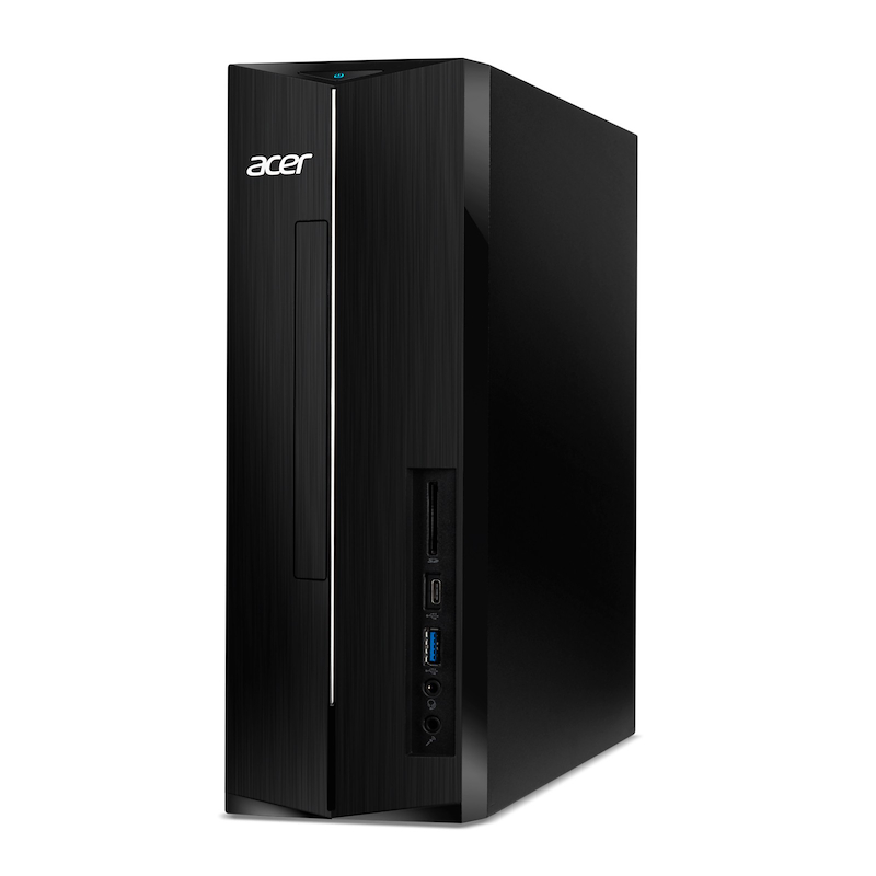 Computadora de escritorio Acer negra. Tiene un diseño vertical con puertos y una ranura. El logotipo de Acer está en la parte superior izquierda.